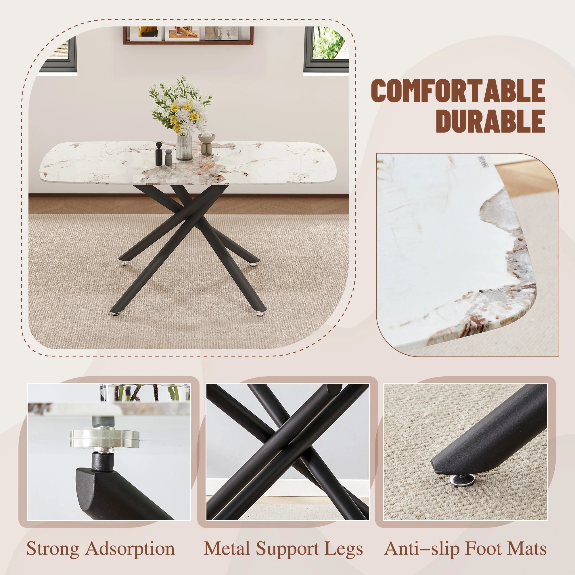 63" Dining Table, With Marble Patterned Tempered Glass Table Top And Metal Legs
