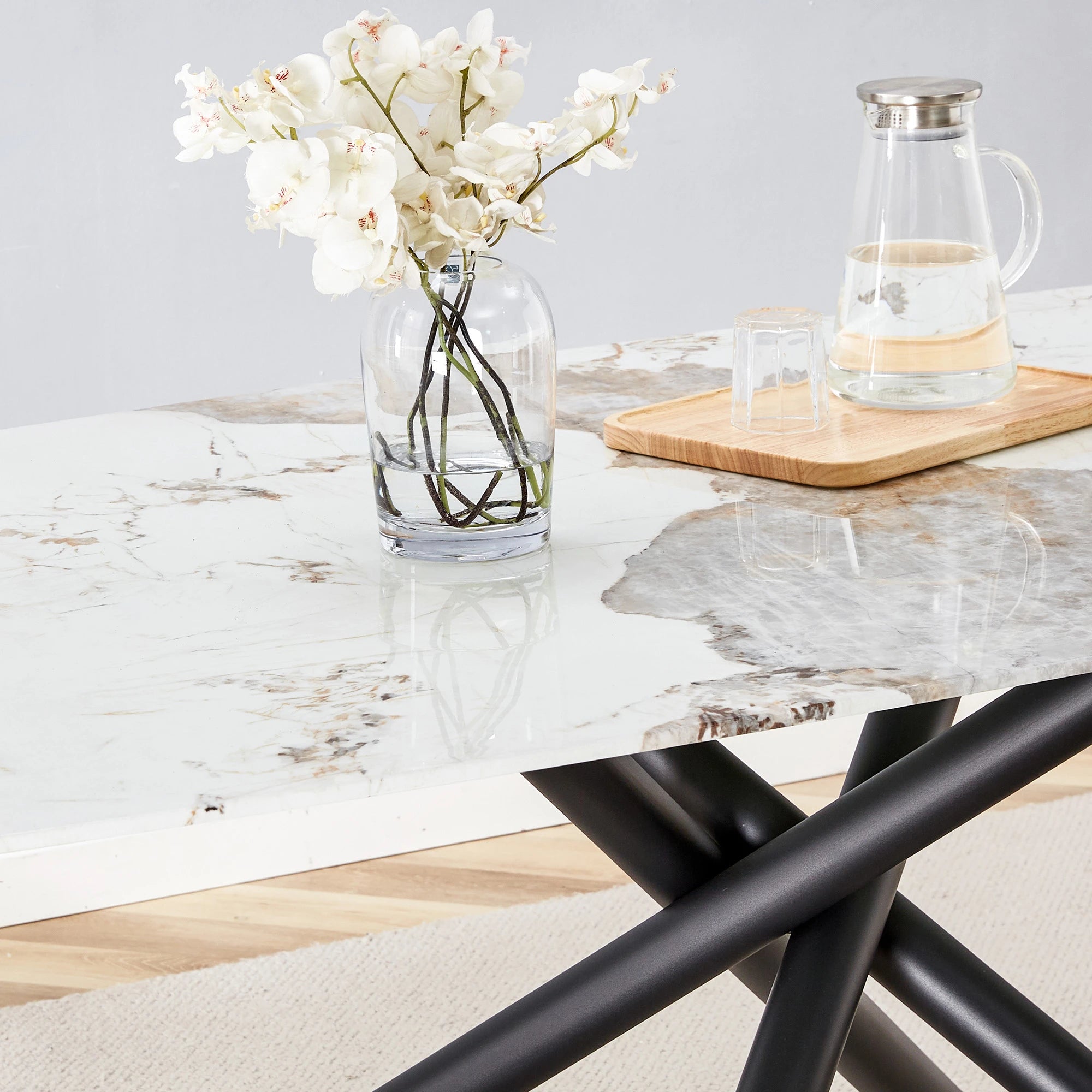 63" Dining Table, With Marble Patterned Tempered Glass Table Top And Metal Legs