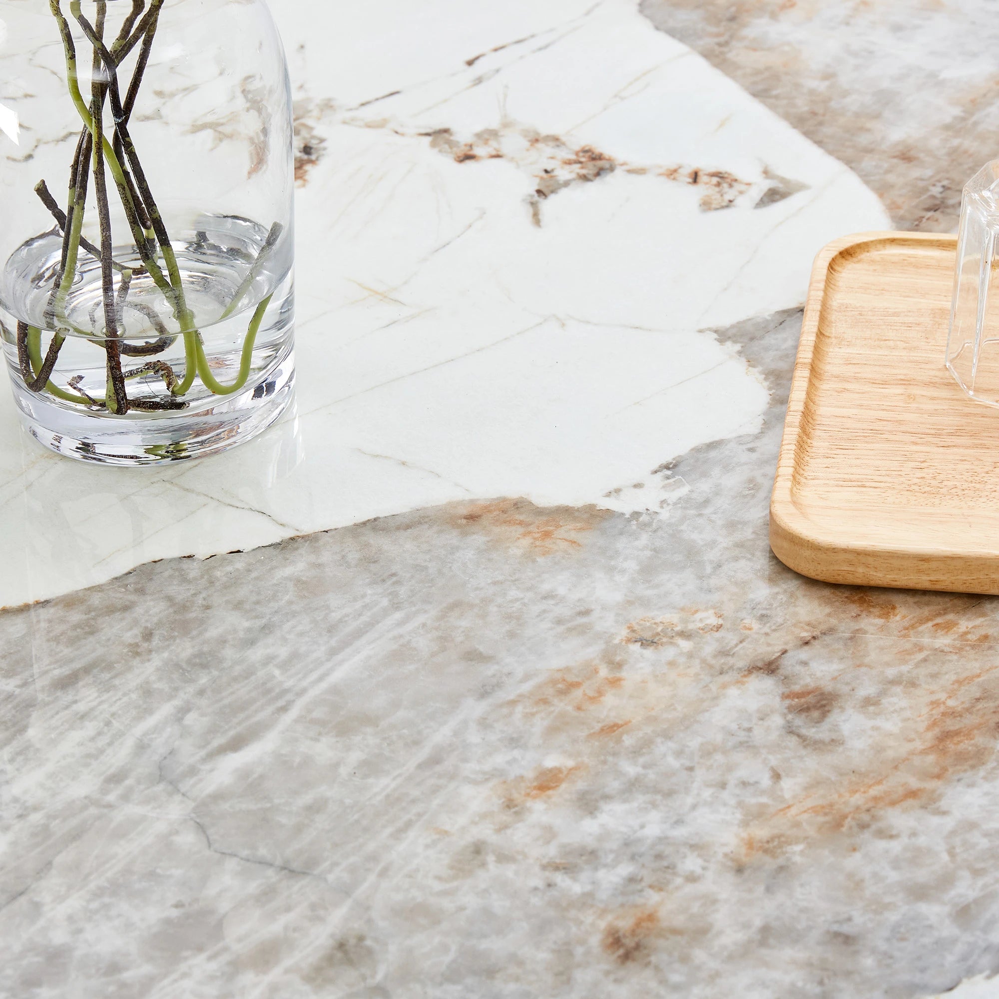 63" Dining Table, With Marble Patterned Tempered Glass Table Top And Metal Legs