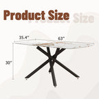 63" Dining Table, With Marble Patterned Tempered Glass Table Top And Metal Legs