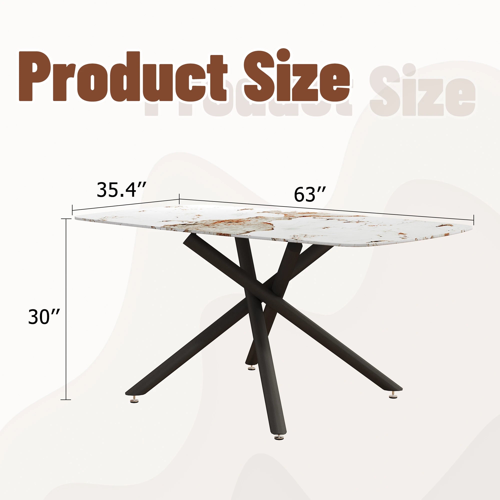 63" Dining Table, With Marble Patterned Tempered Glass Table Top And Metal Legs