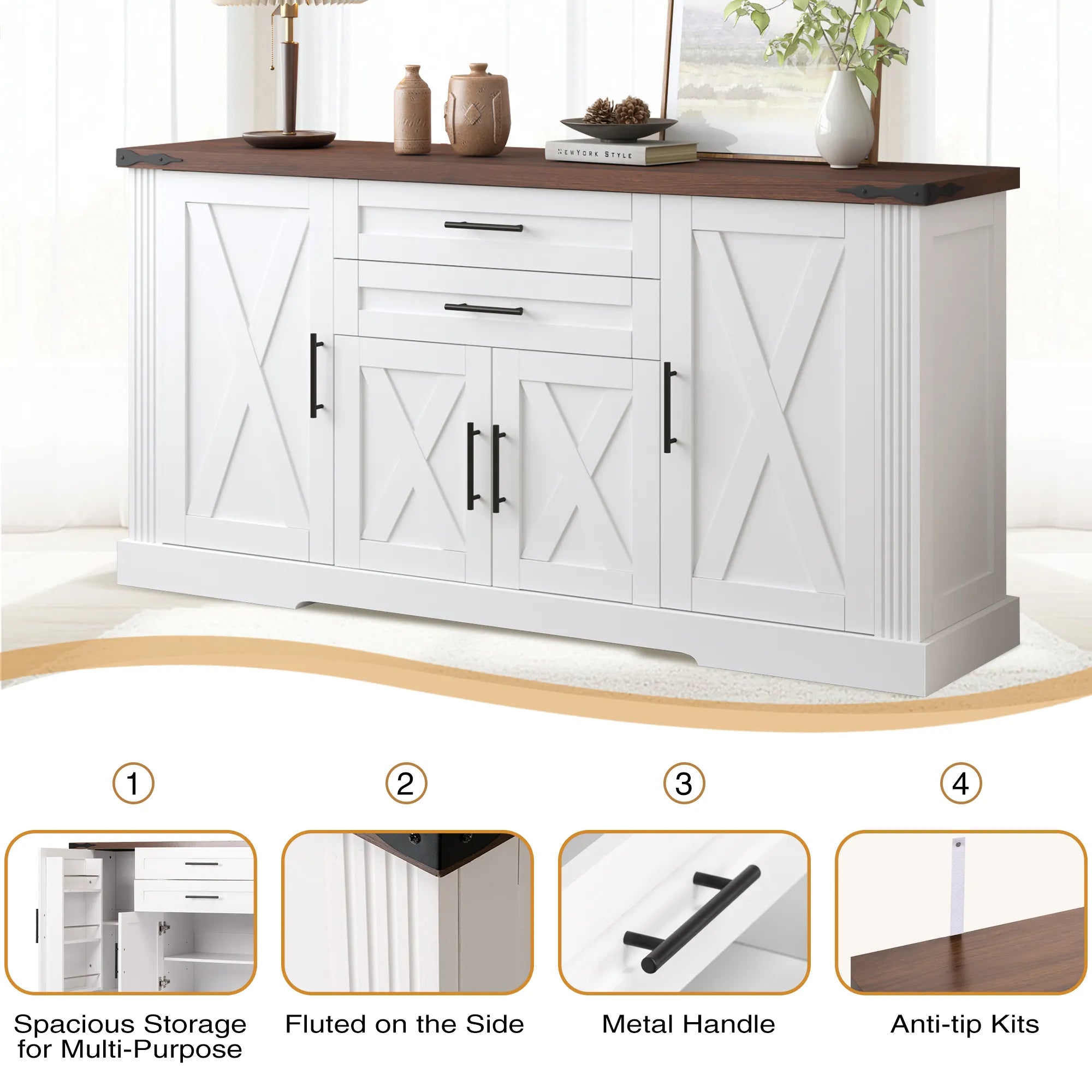 63” Farmhouse Barn Door Buffet Cabinet