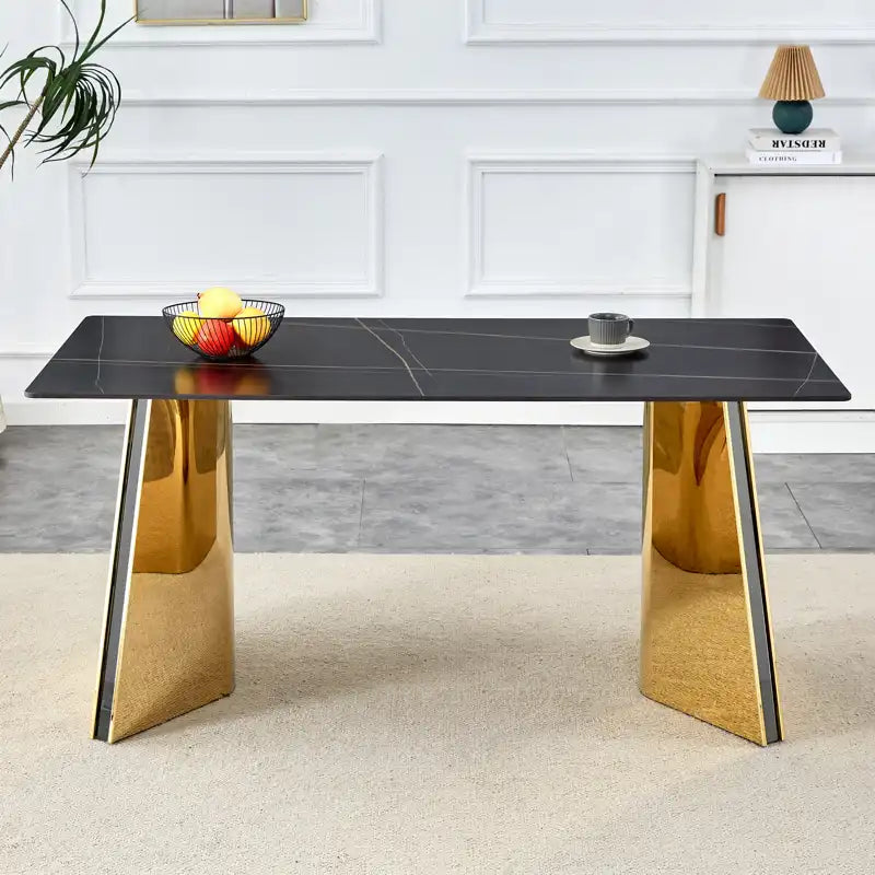 63" Marble Patterned Dining Table With Stylish Stainless Steel Legs