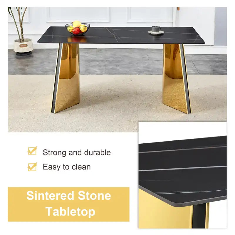 63" Marble Patterned Dining Table With Stylish Stainless Steel Legs