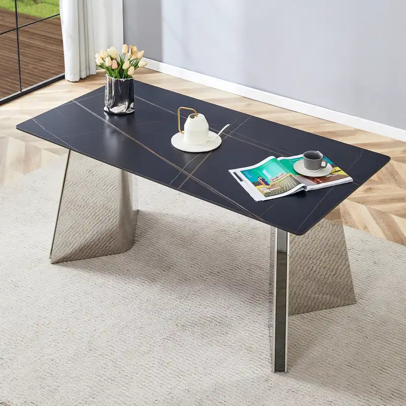 63" Marble Patterned Dining Table With Stylish Stainless Steel Legs
