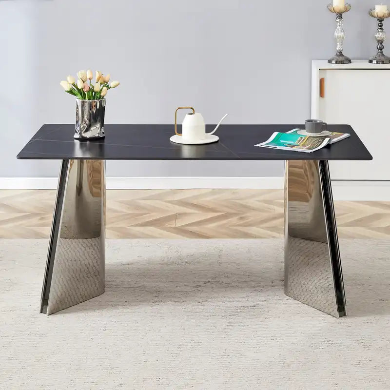 63" Marble Patterned Dining Table With Stylish Stainless Steel Legs