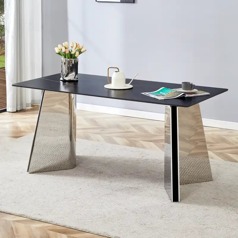 63" Marble Patterned Dining Table With Stylish Stainless Steel Legs