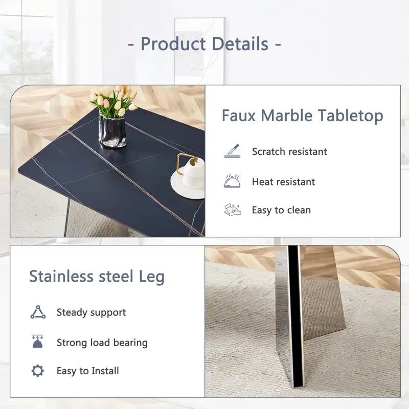 63" Marble Patterned Dining Table With Stylish Stainless Steel Legs