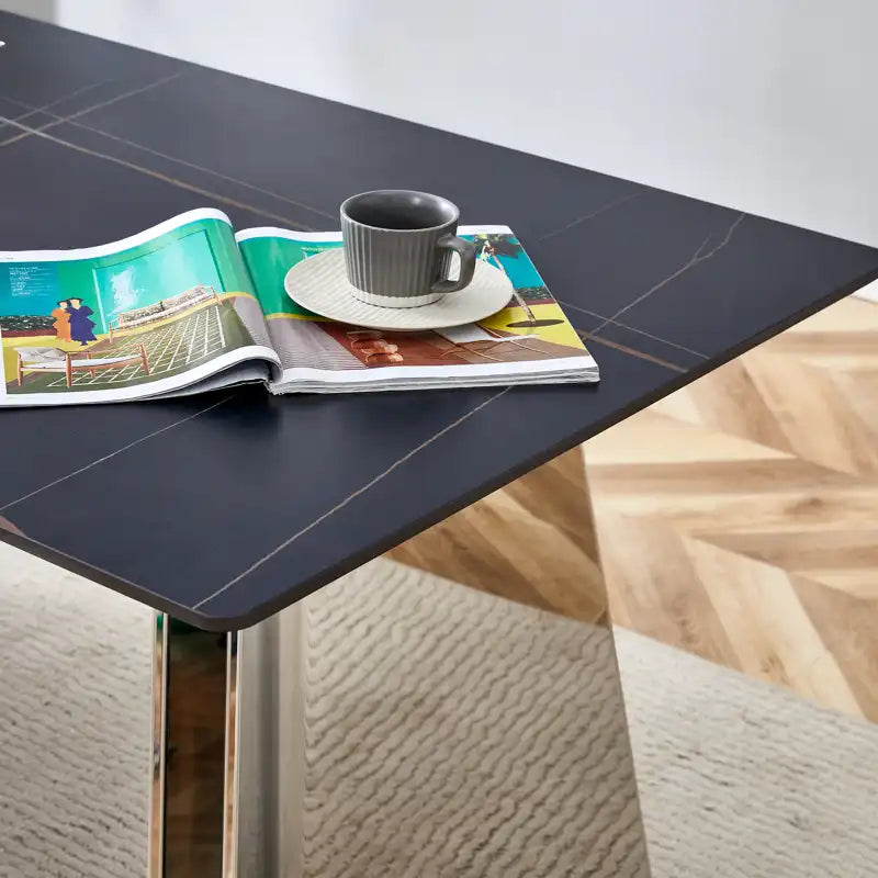 63" Marble Patterned Dining Table With Stylish Stainless Steel Legs