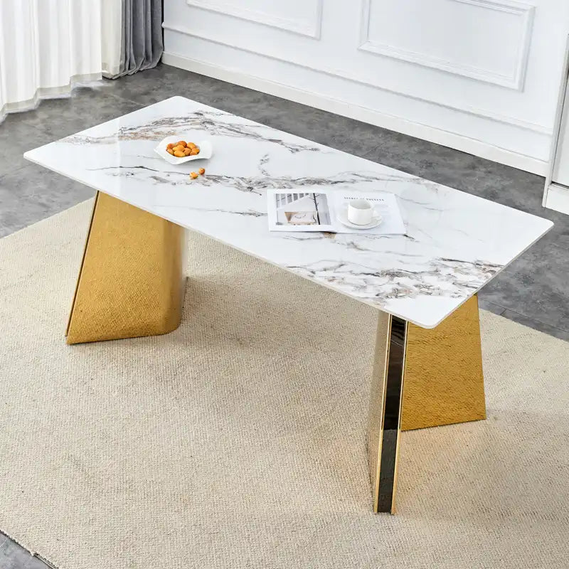 63" Marble Patterned Dining Table With Stylish Stainless Steel Legs