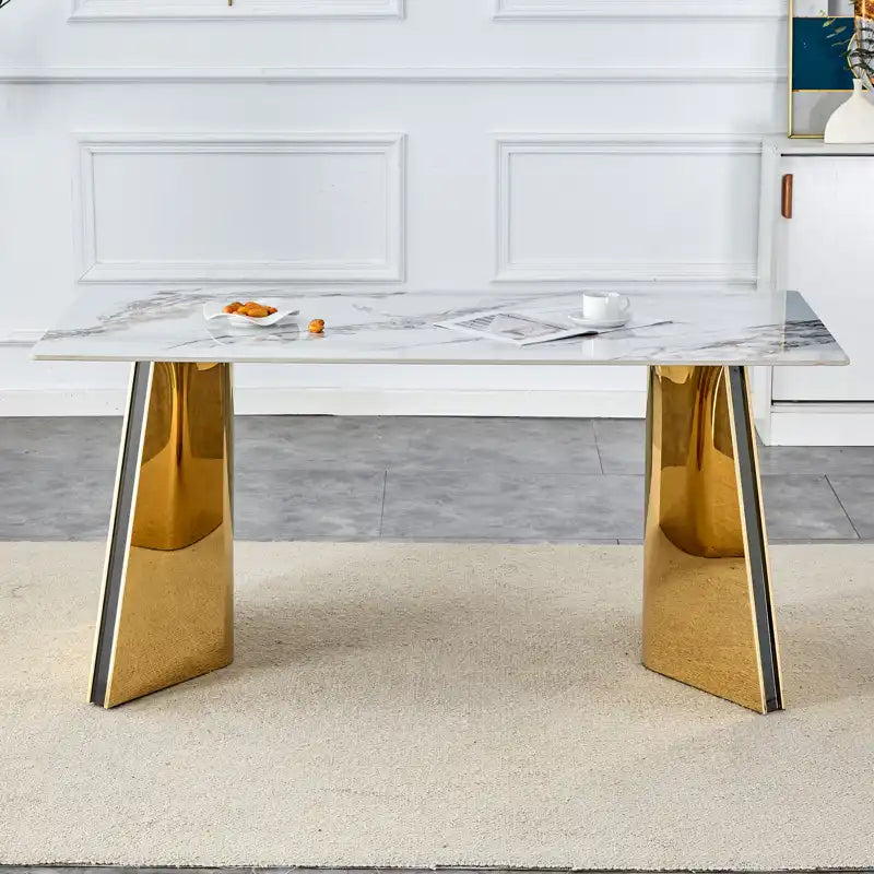 63" Marble Patterned Dining Table With Stylish Stainless Steel Legs