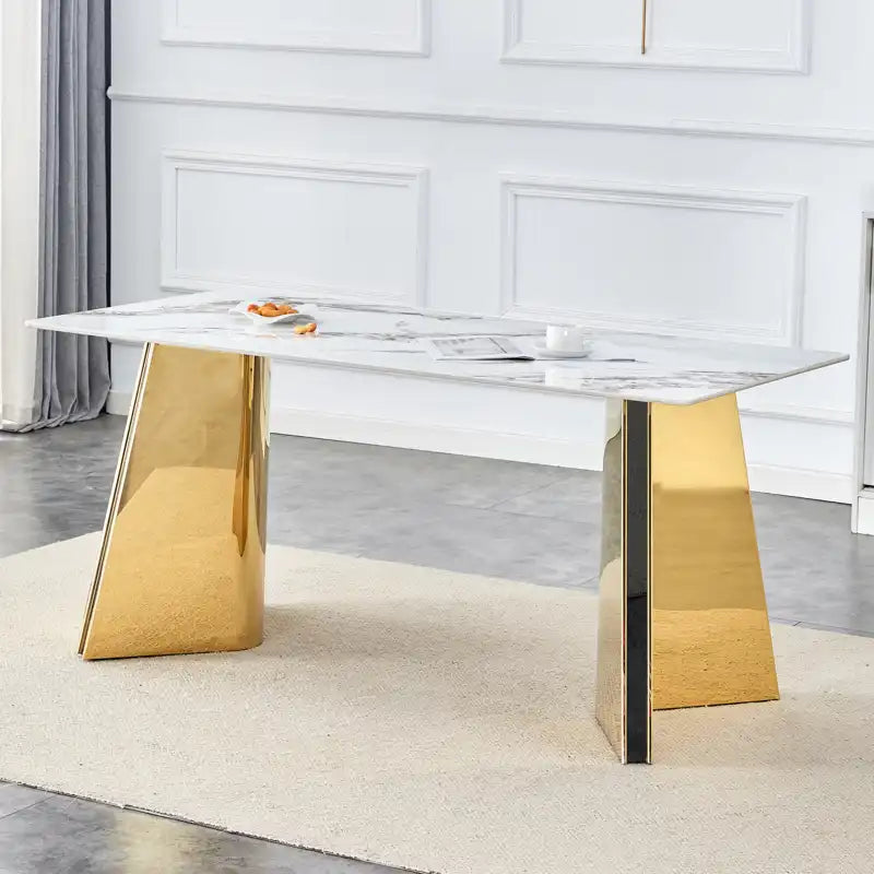 63" Marble Patterned Dining Table With Stylish Stainless Steel Legs