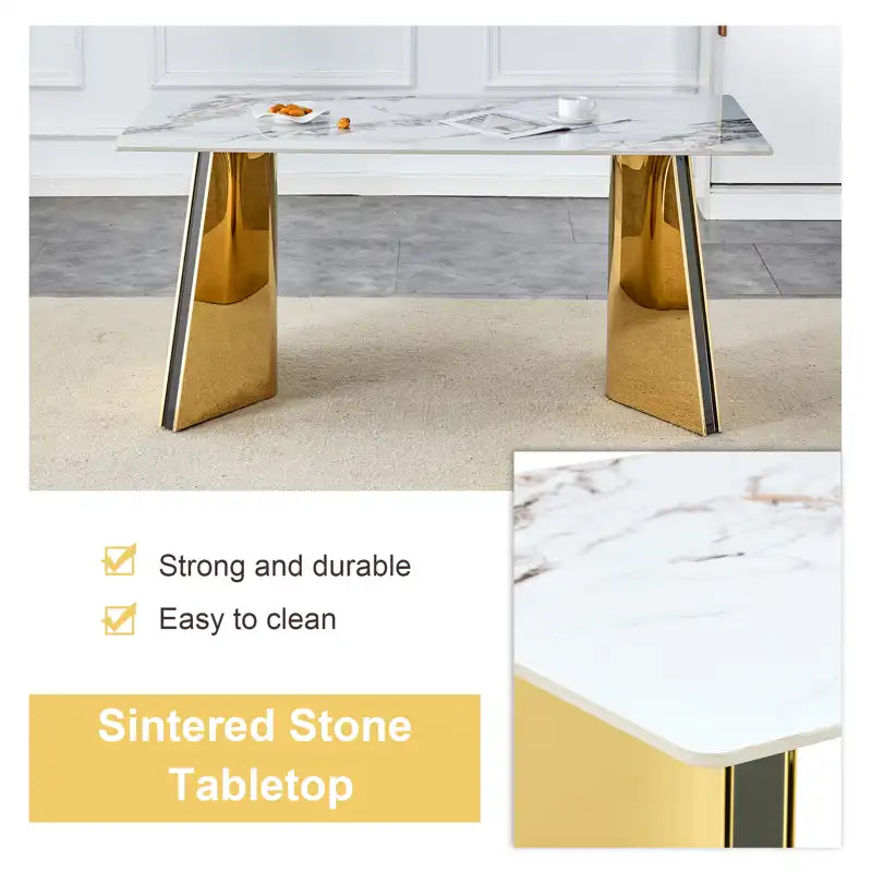 63" Marble Patterned Dining Table With Stylish Stainless Steel Legs