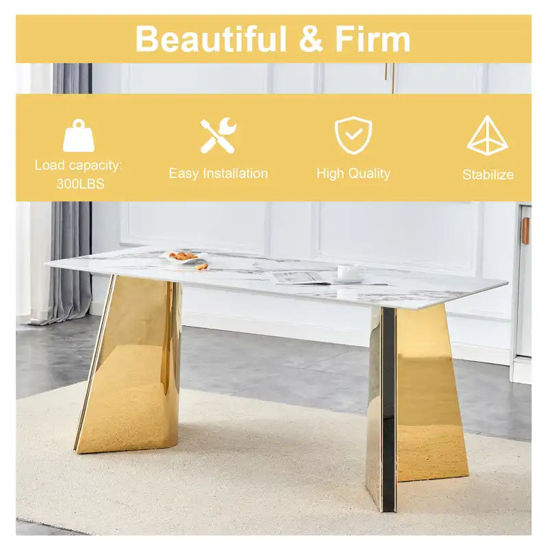 63" Marble Patterned Dining Table With Stylish Stainless Steel Legs