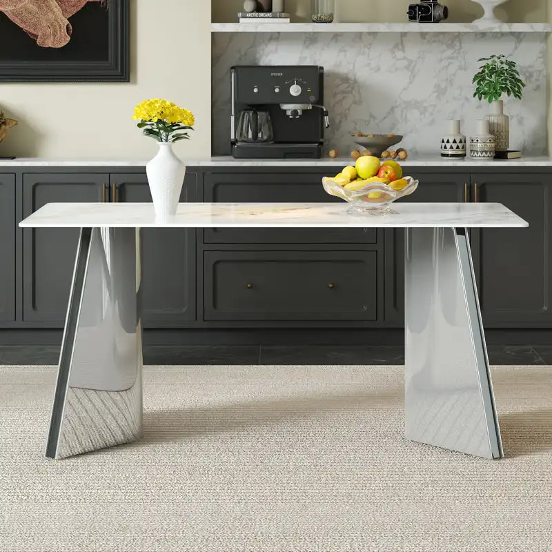 63" Marble Patterned Dining Table With Stylish Stainless Steel Legs