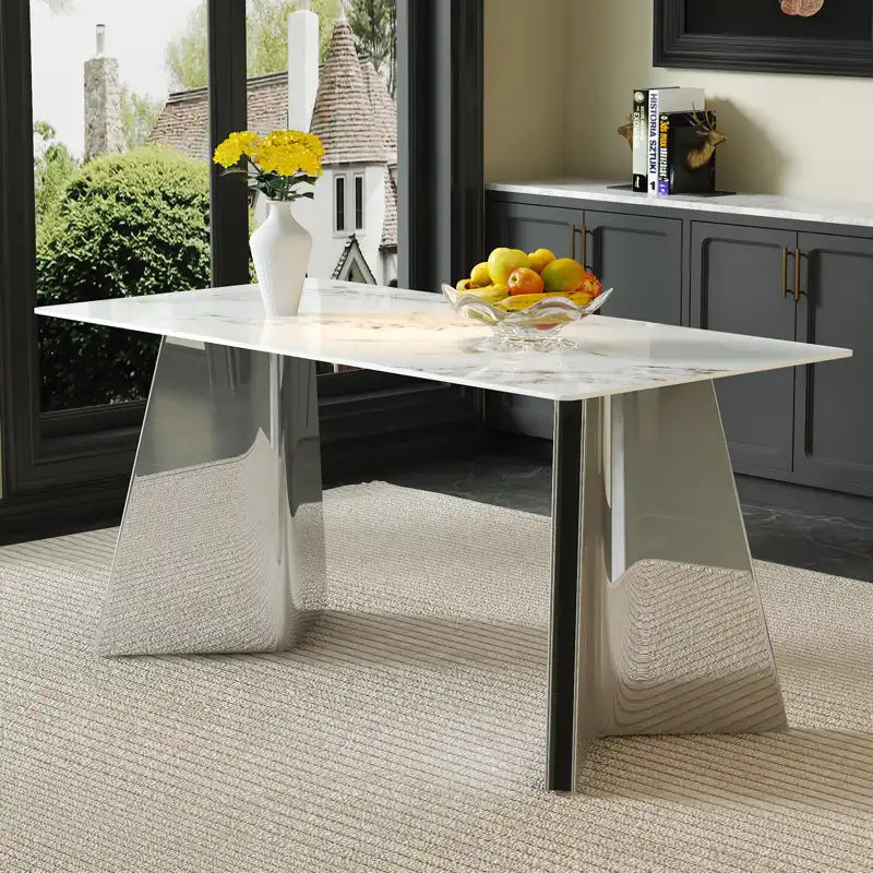 63" Marble Patterned Dining Table With Stylish Stainless Steel Legs