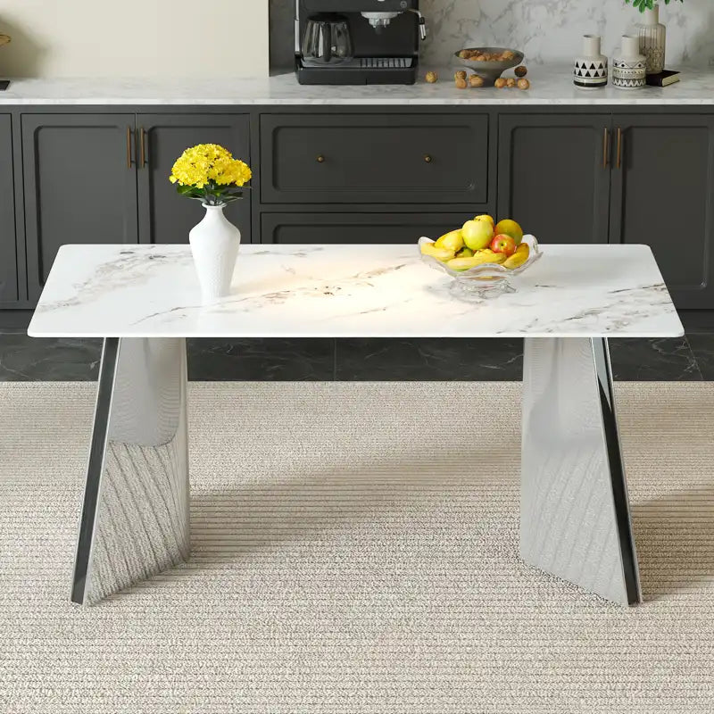 63" Marble Patterned Dining Table With Stylish Stainless Steel Legs