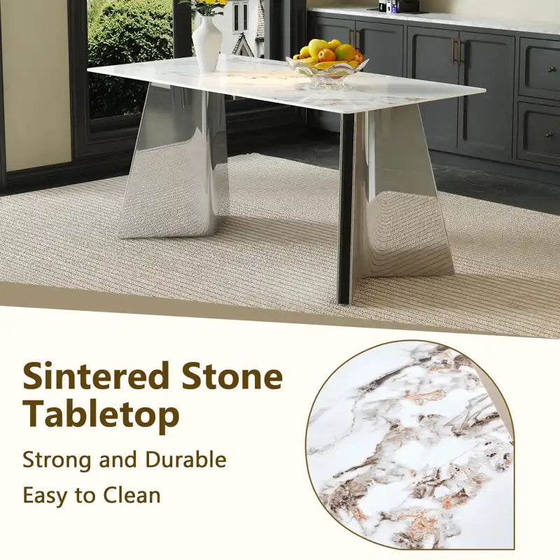63" Marble Patterned Dining Table With Stylish Stainless Steel Legs