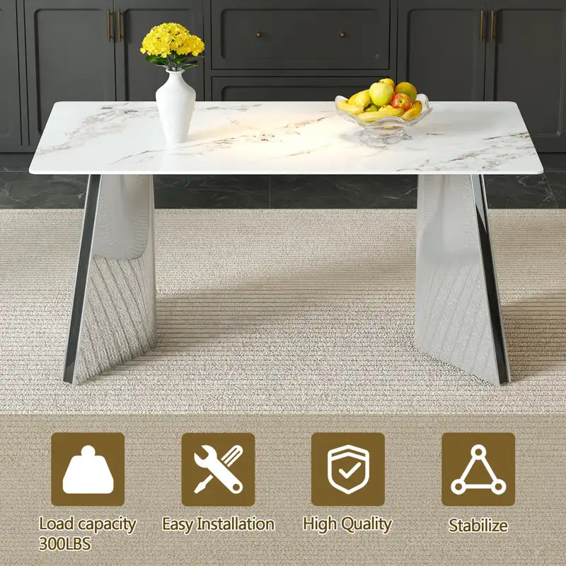 63" Marble Patterned Dining Table With Stylish Stainless Steel Legs