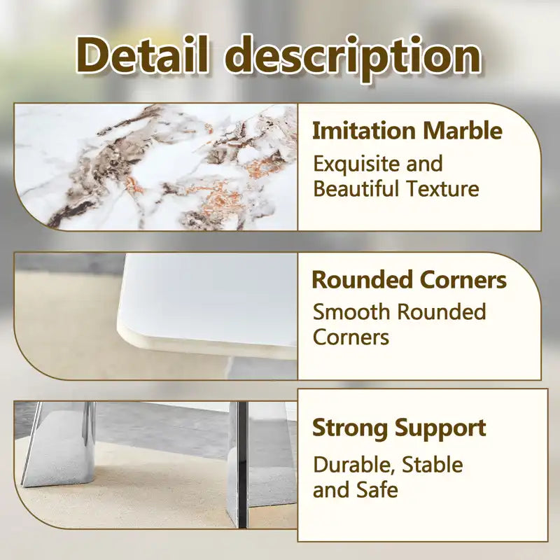63" Marble Patterned Dining Table With Stylish Stainless Steel Legs