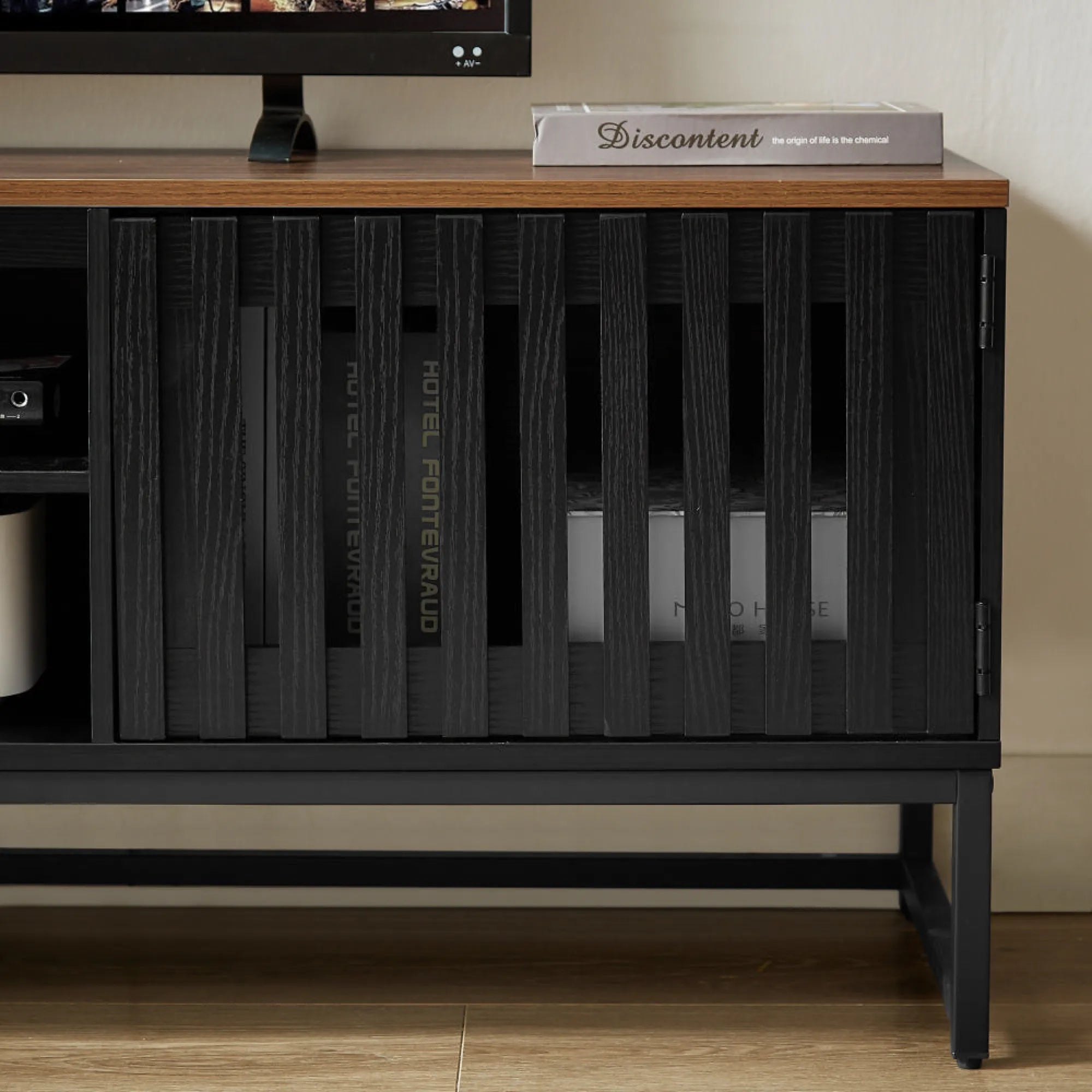 63" Mid Century Modern TV Stand with Slatted Grille Striped Doors