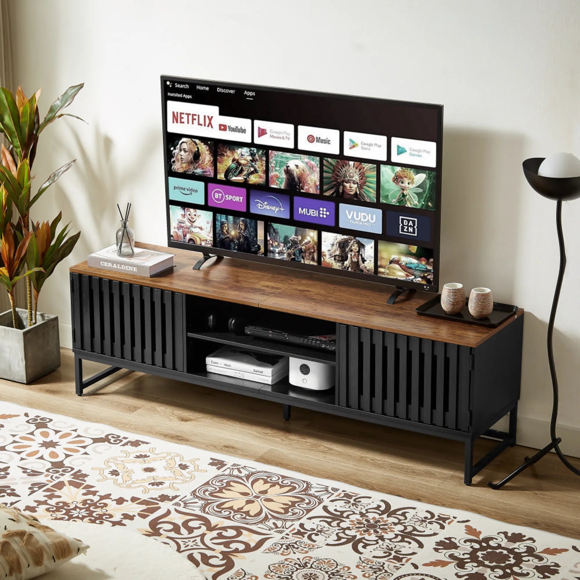 63" Mid Century Modern TV Stand with Slatted Grille Striped Doors