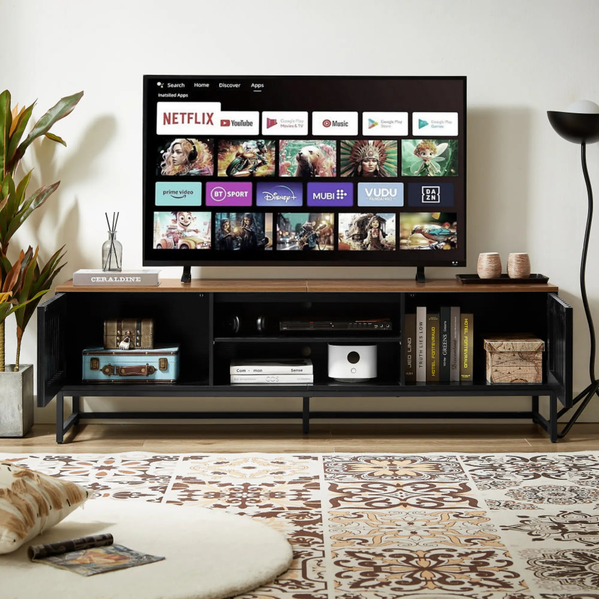 63" Mid Century Modern TV Stand with Slatted Grille Striped Doors