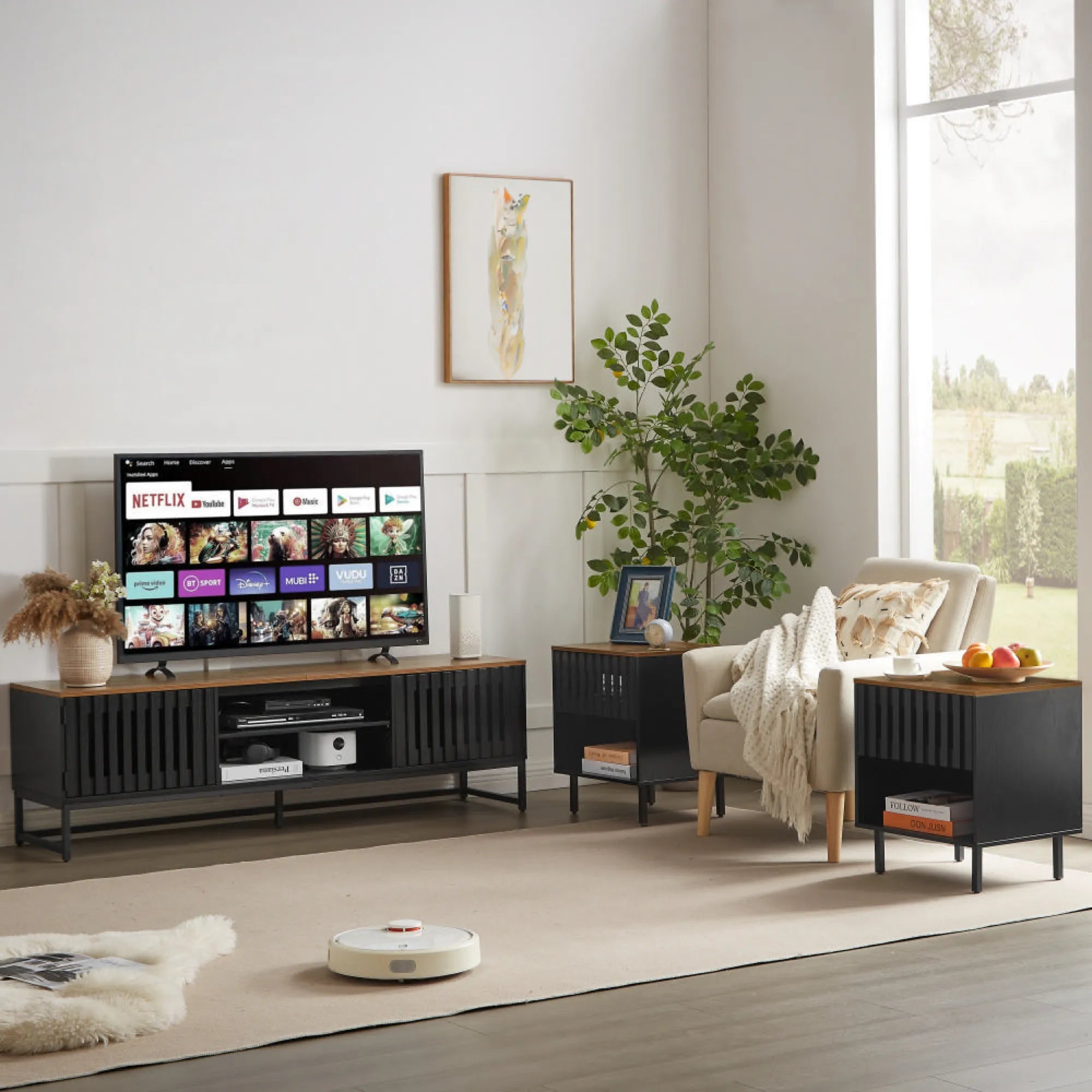 63" Mid Century Modern TV Stand with Slatted Grille Striped Doors