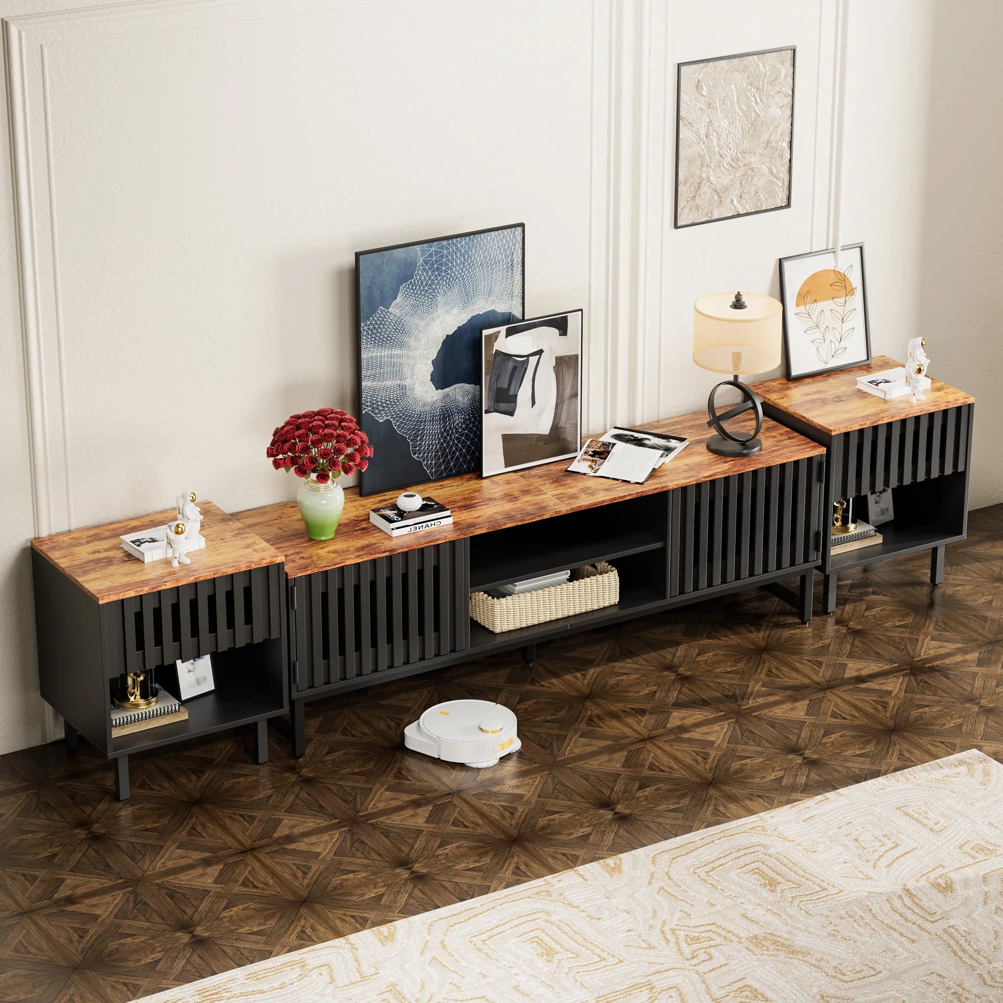 63" Mid Century Modern TV Stand with Slatted Grille Striped Doors