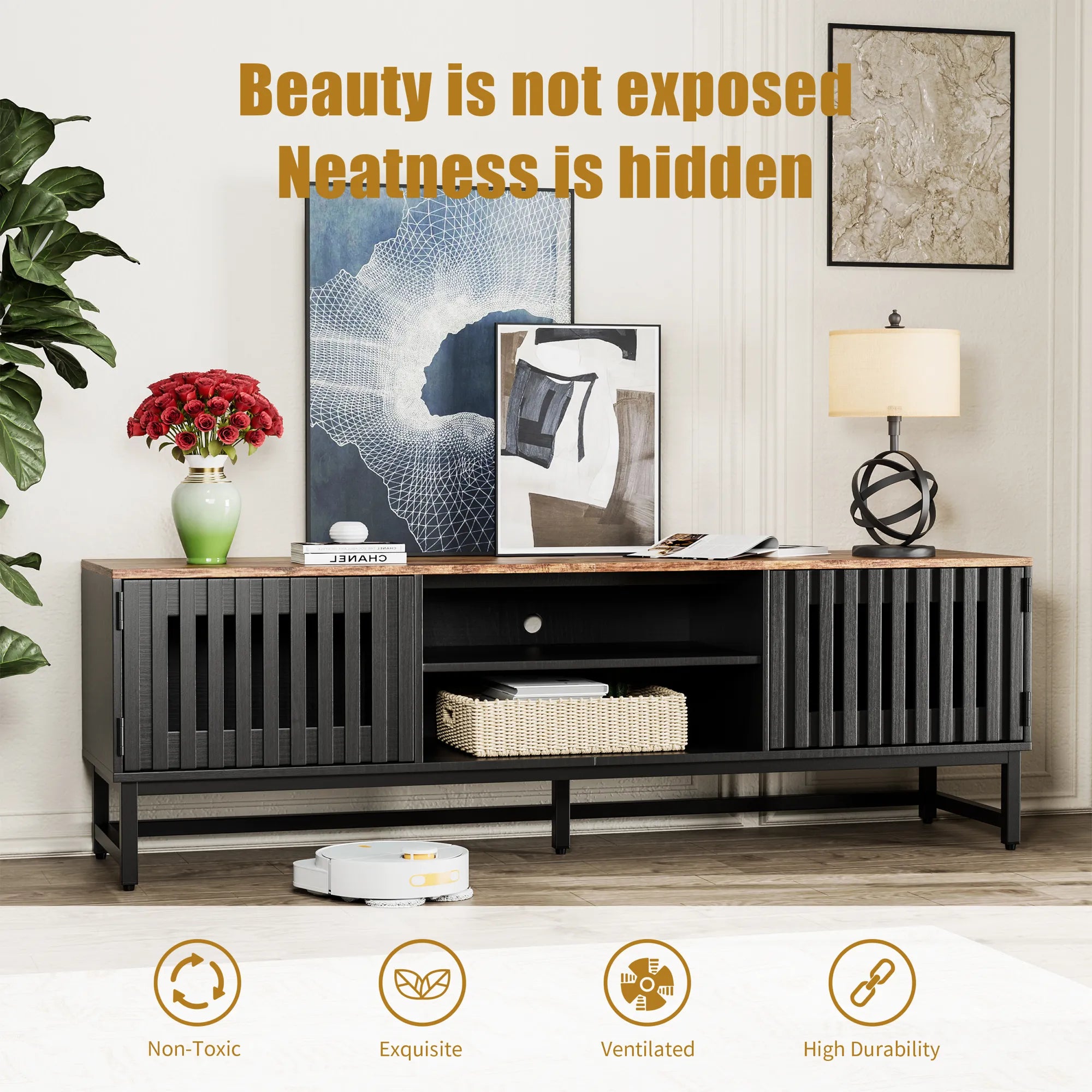 63" Mid Century Modern TV Stand with Slatted Grille Striped Doors