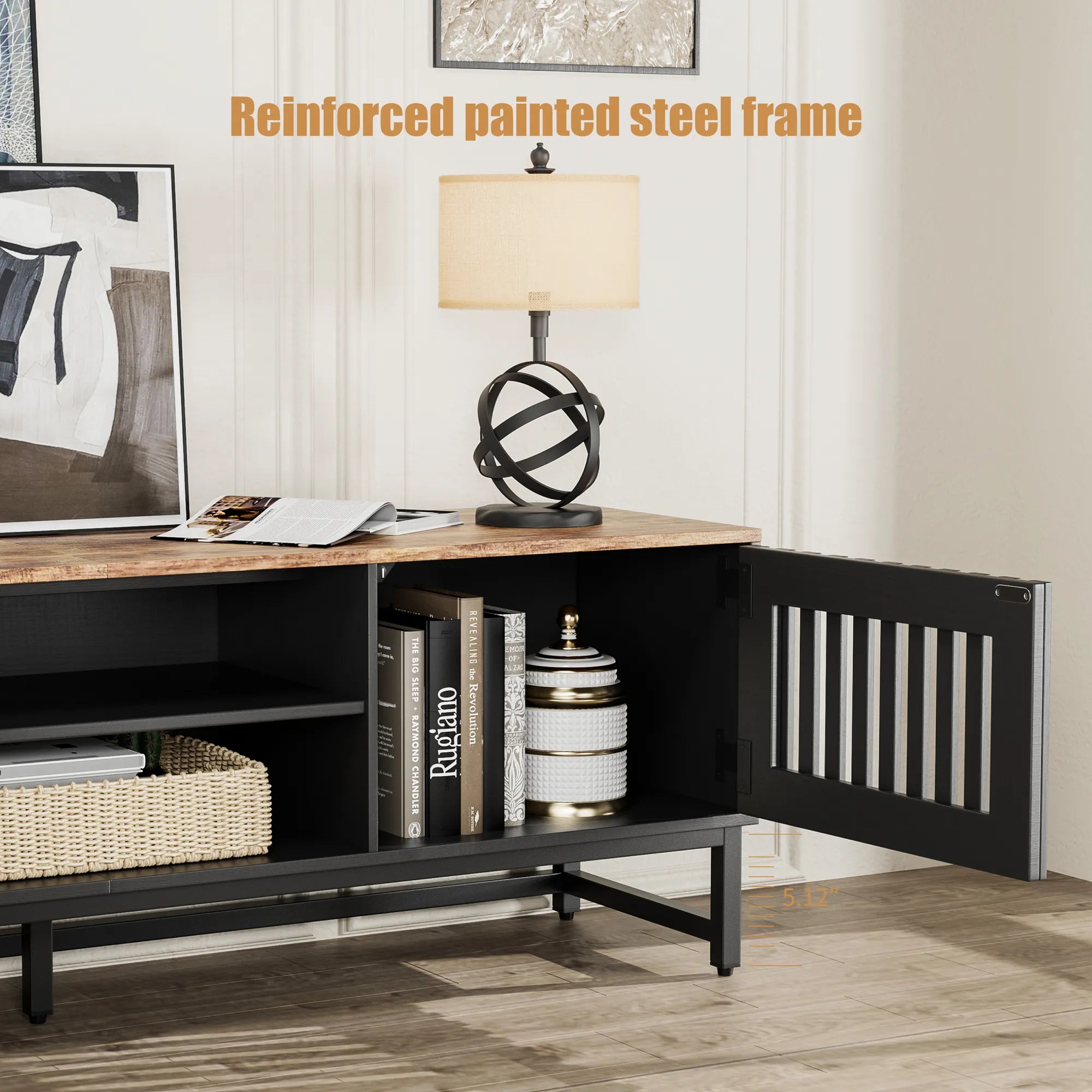 63" Mid Century Modern TV Stand with Slatted Grille Striped Doors