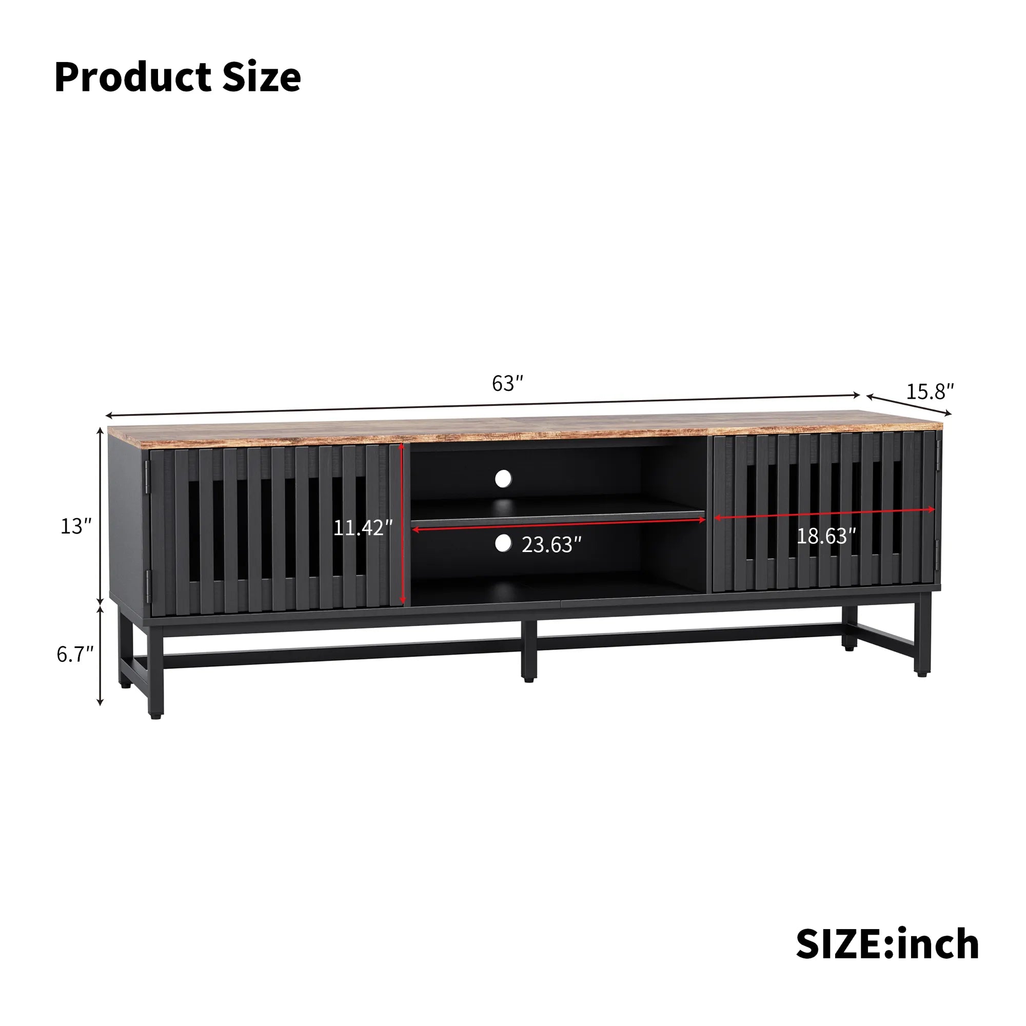 63" Mid Century Modern TV Stand with Slatted Grille Striped Doors