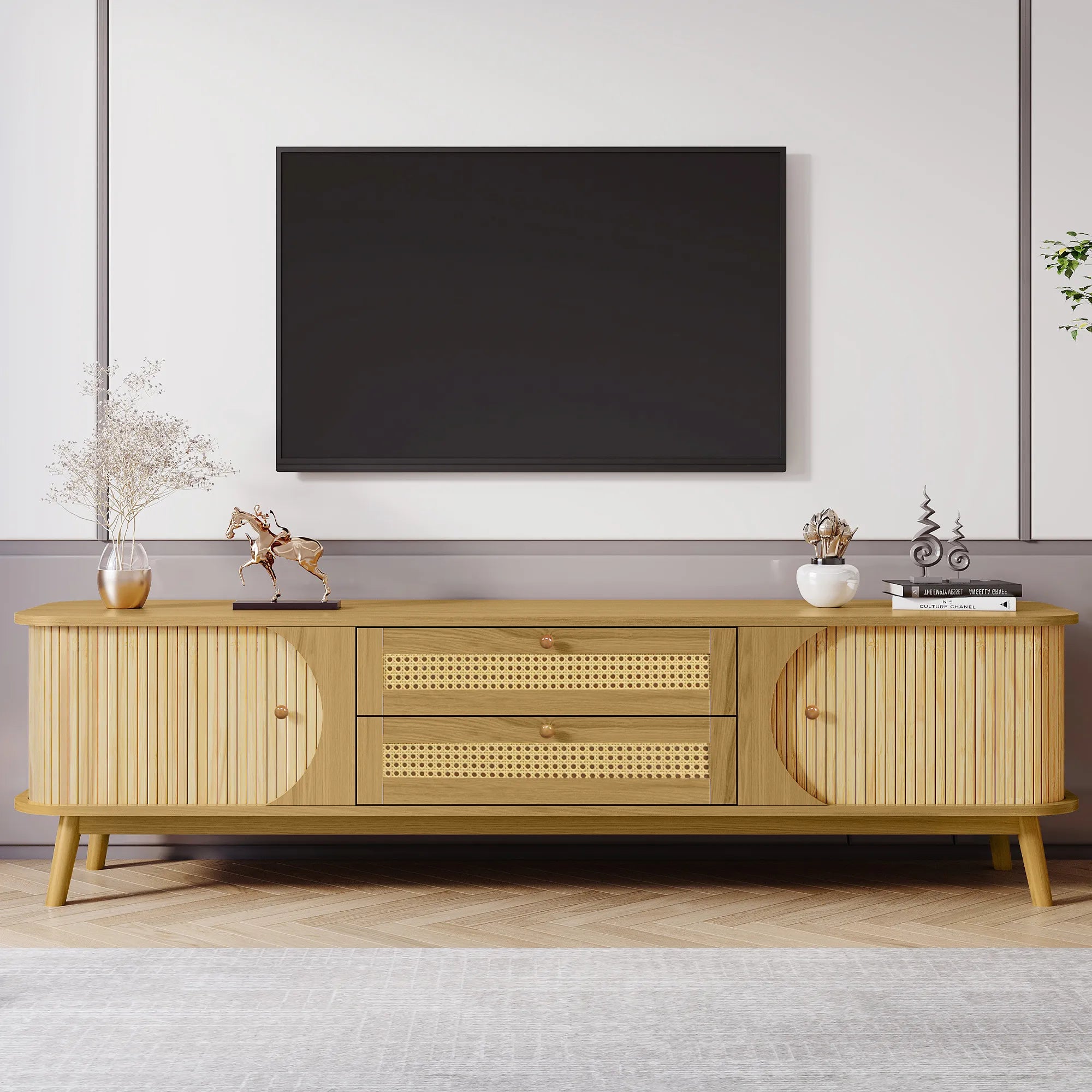 67” Mid-Century Modern TV Stand with Solid Wood Legs