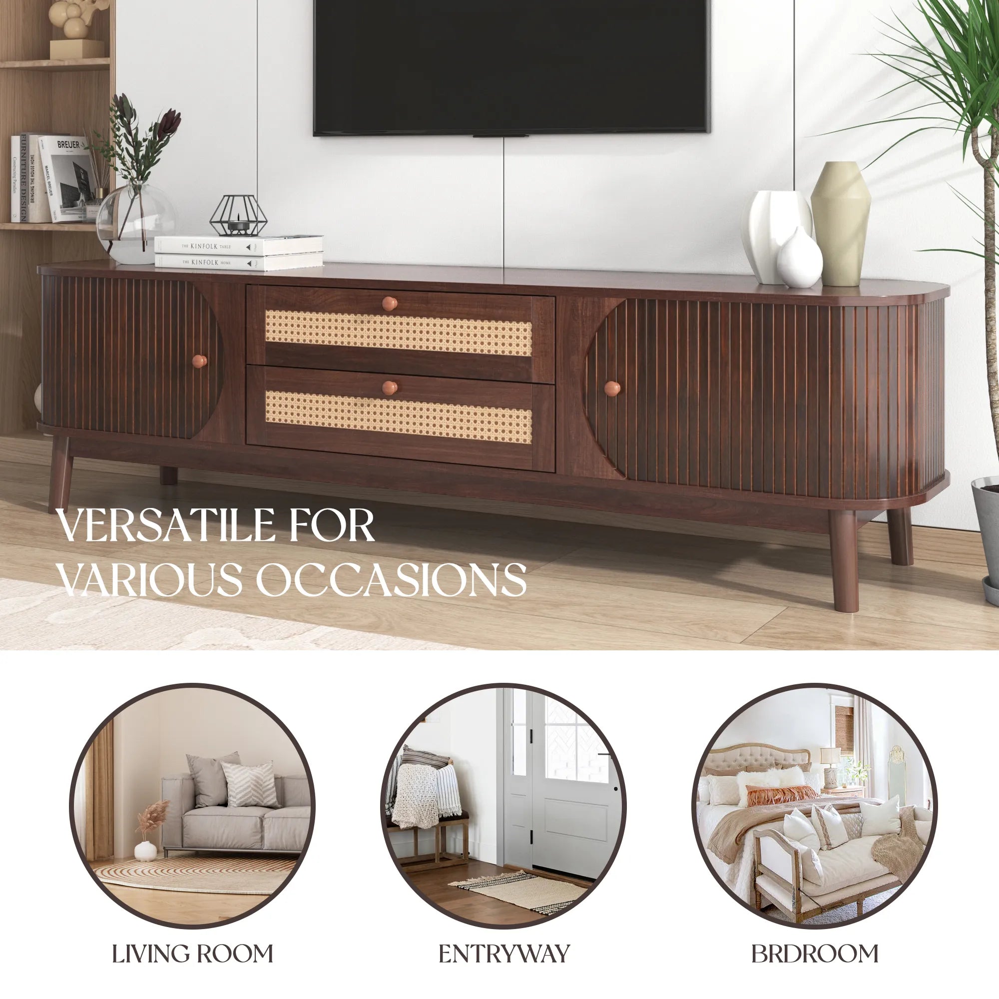 67” Mid-Century Modern TV Stand with Solid Wood Legs