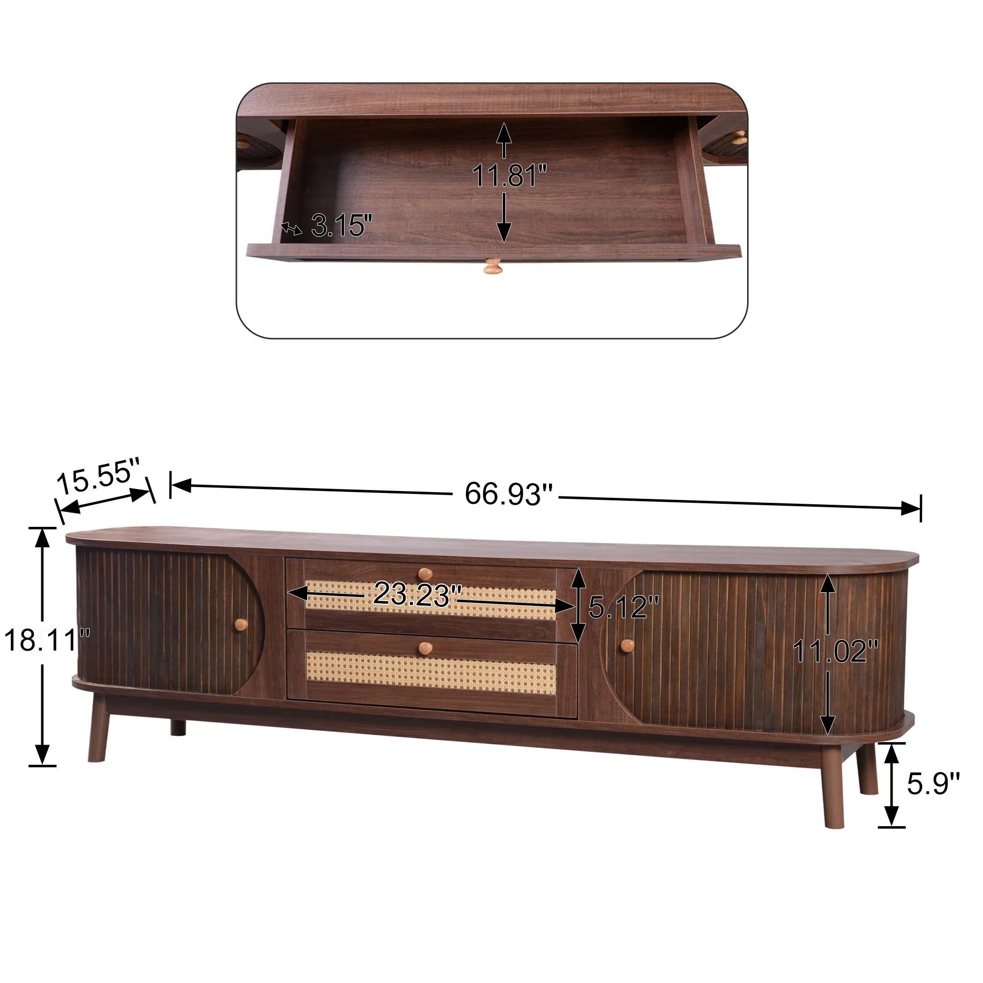 67” Mid-Century Modern TV Stand with Solid Wood Legs