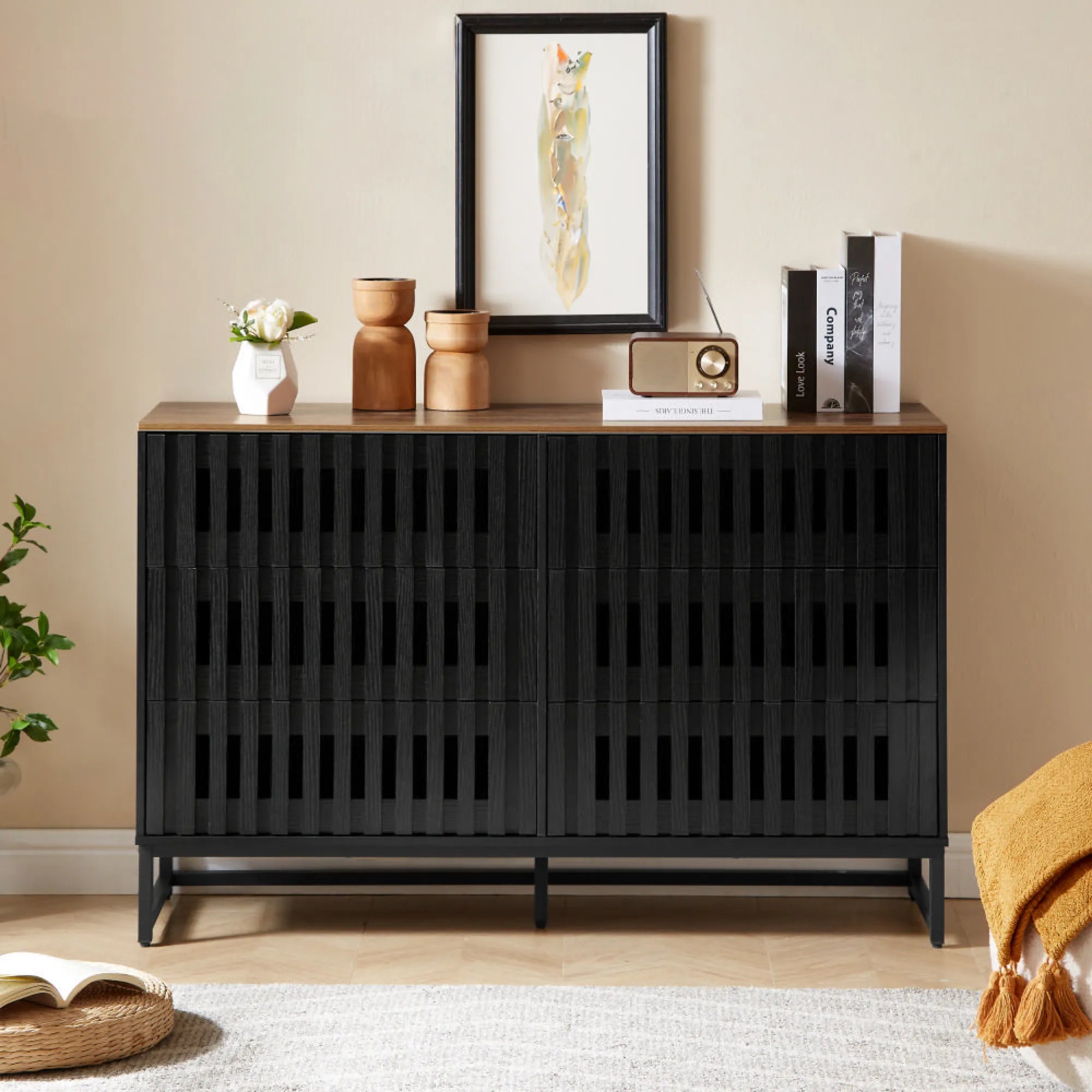 6 Drawer Modern Dresser with Slatted Grille Stripes