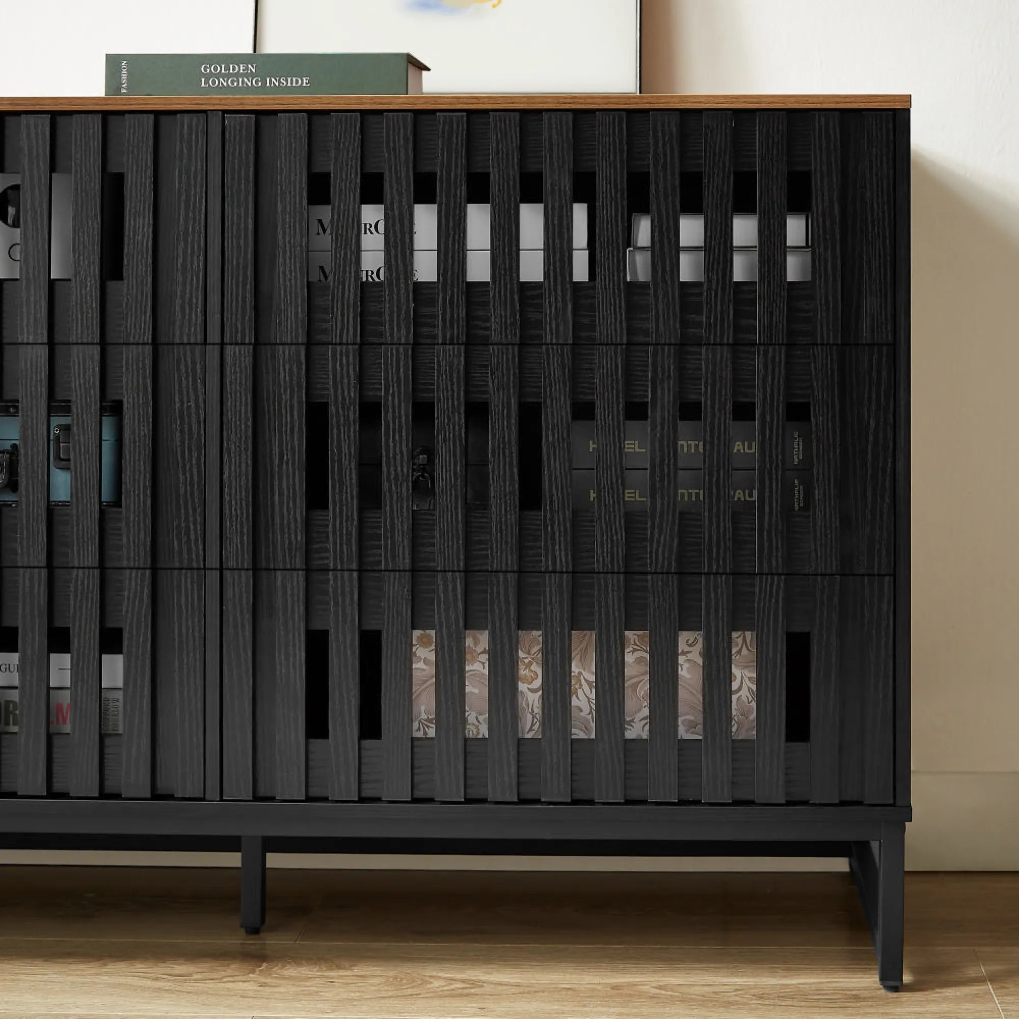 6 Drawer Modern Dresser with Slatted Grille Stripes