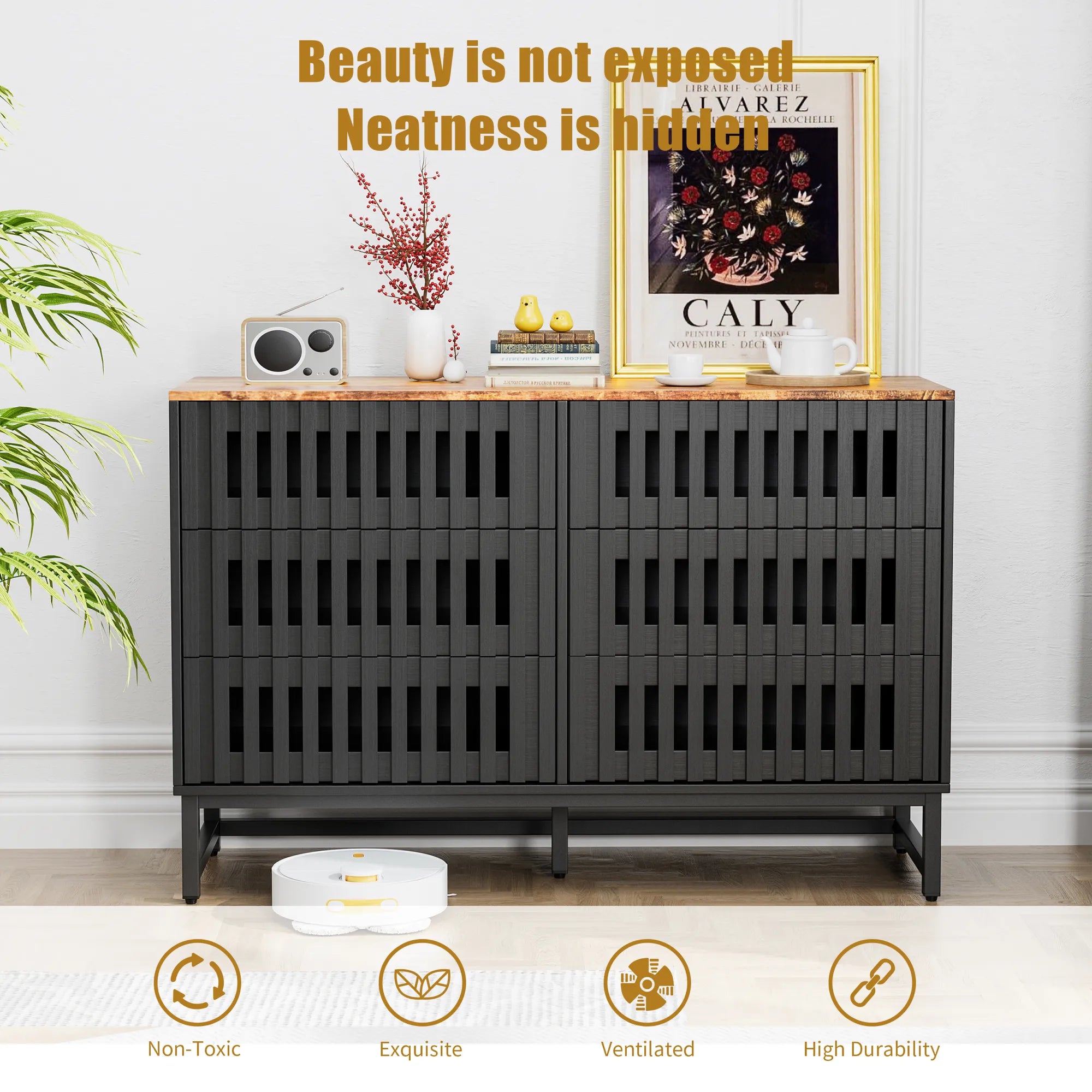 6 Drawer Modern Dresser with Slatted Grille Stripes