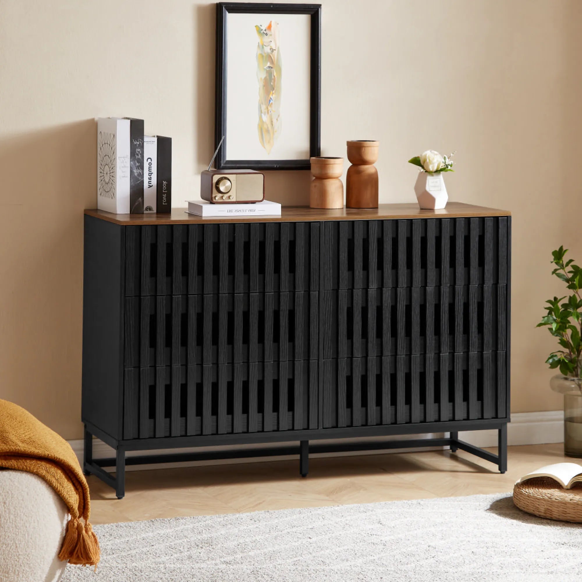 6 Drawer Modern Dresser with Slatted Grille Stripes