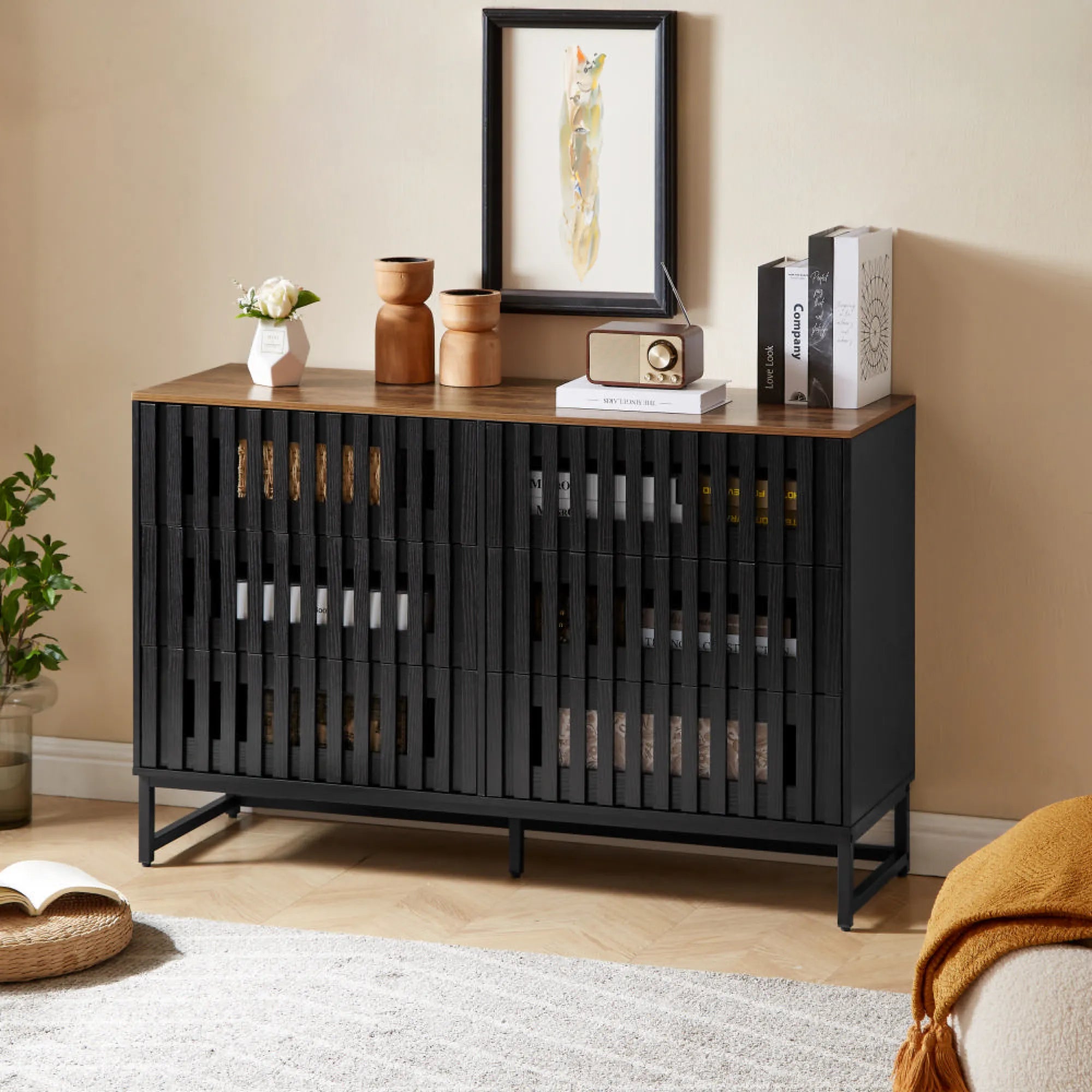6 Drawer Modern Dresser with Slatted Grille Stripes