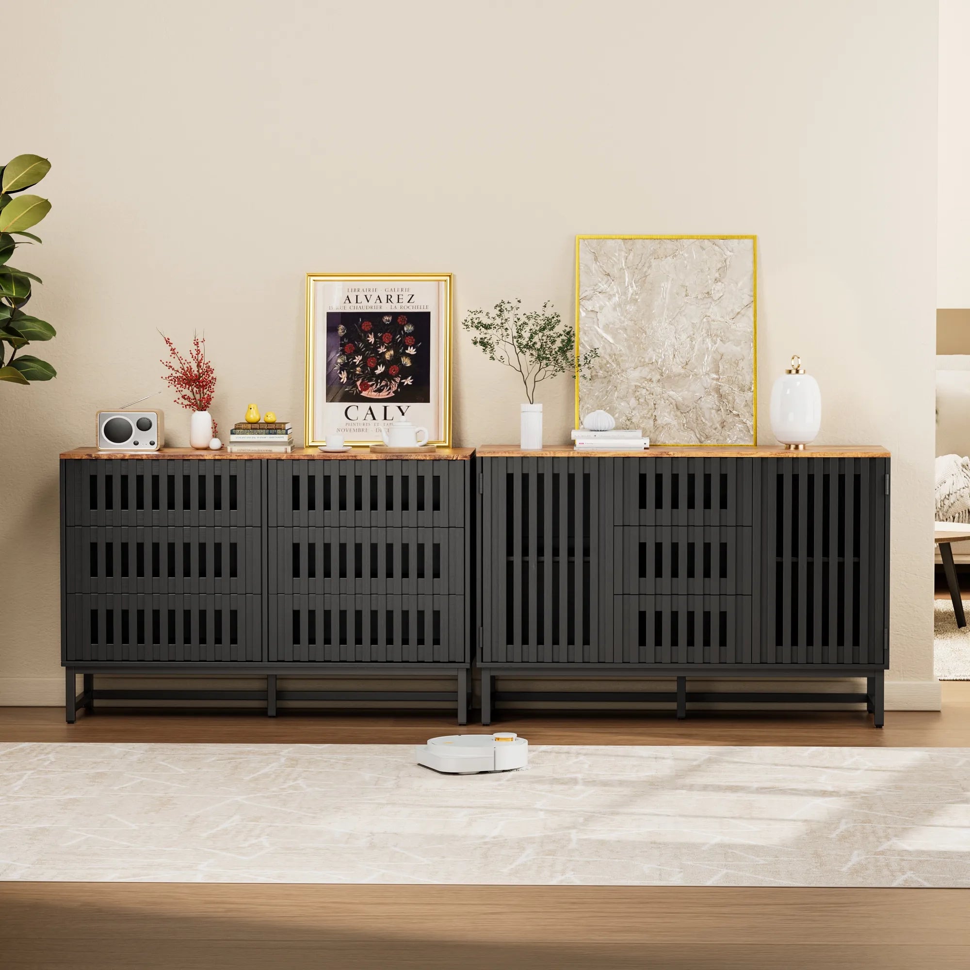 6 Drawer Modern Dresser with Slatted Grille Stripes