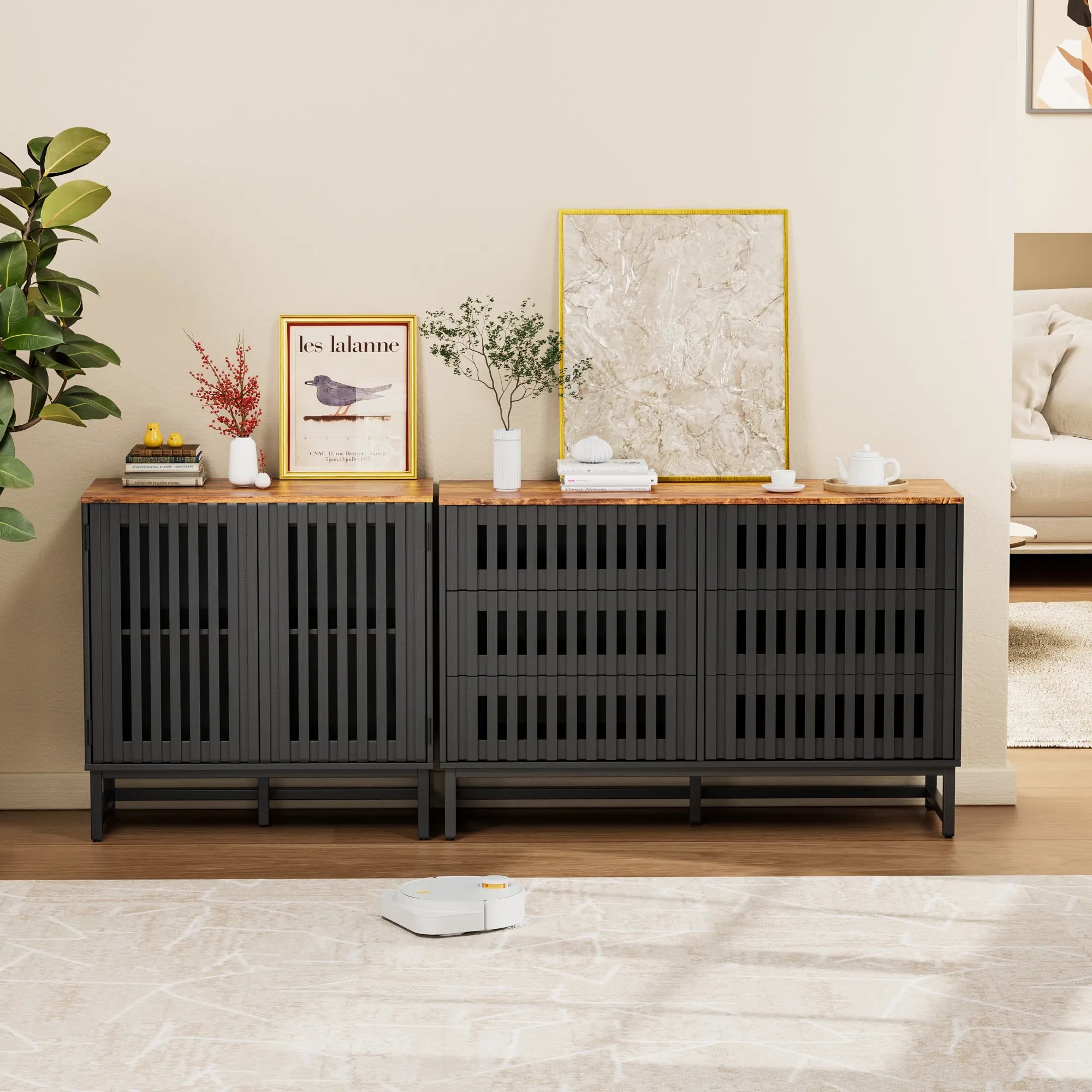 6 Drawer Modern Dresser with Slatted Grille Stripes