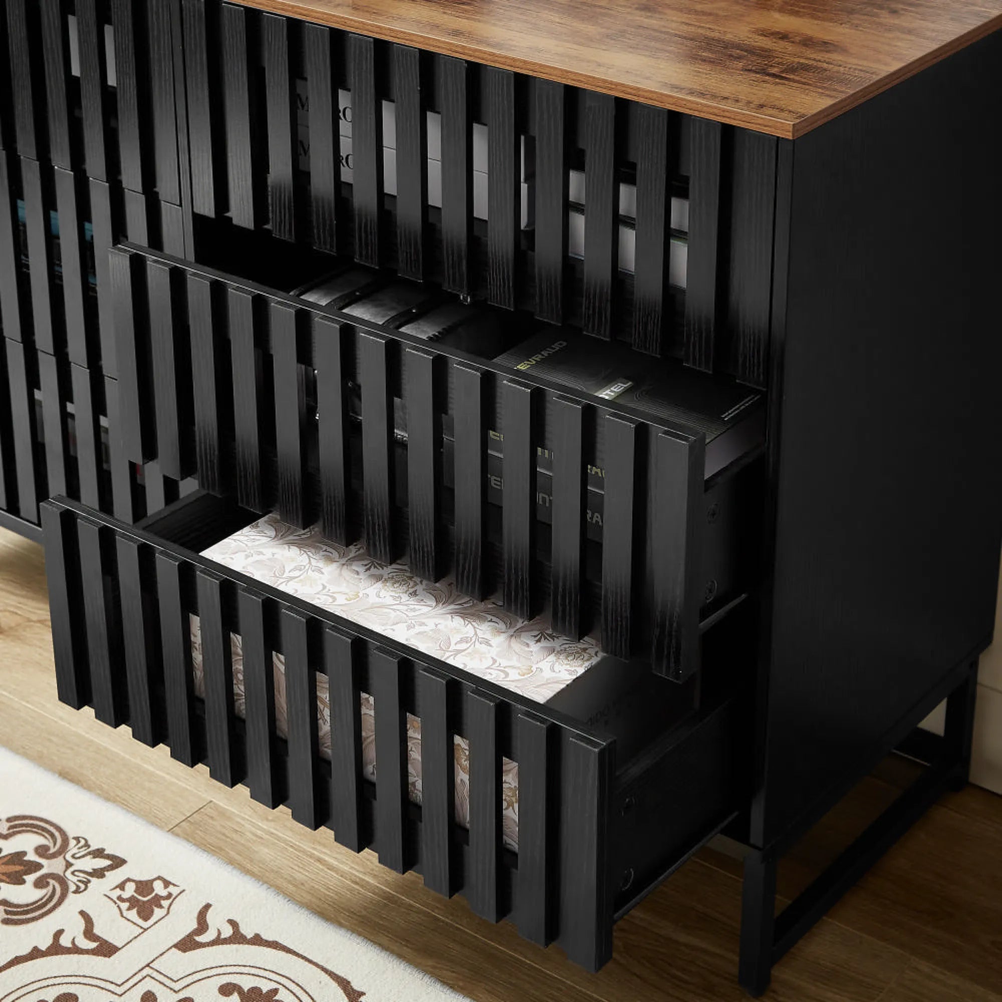 6 Drawer Modern Dresser with Slatted Grille Stripes