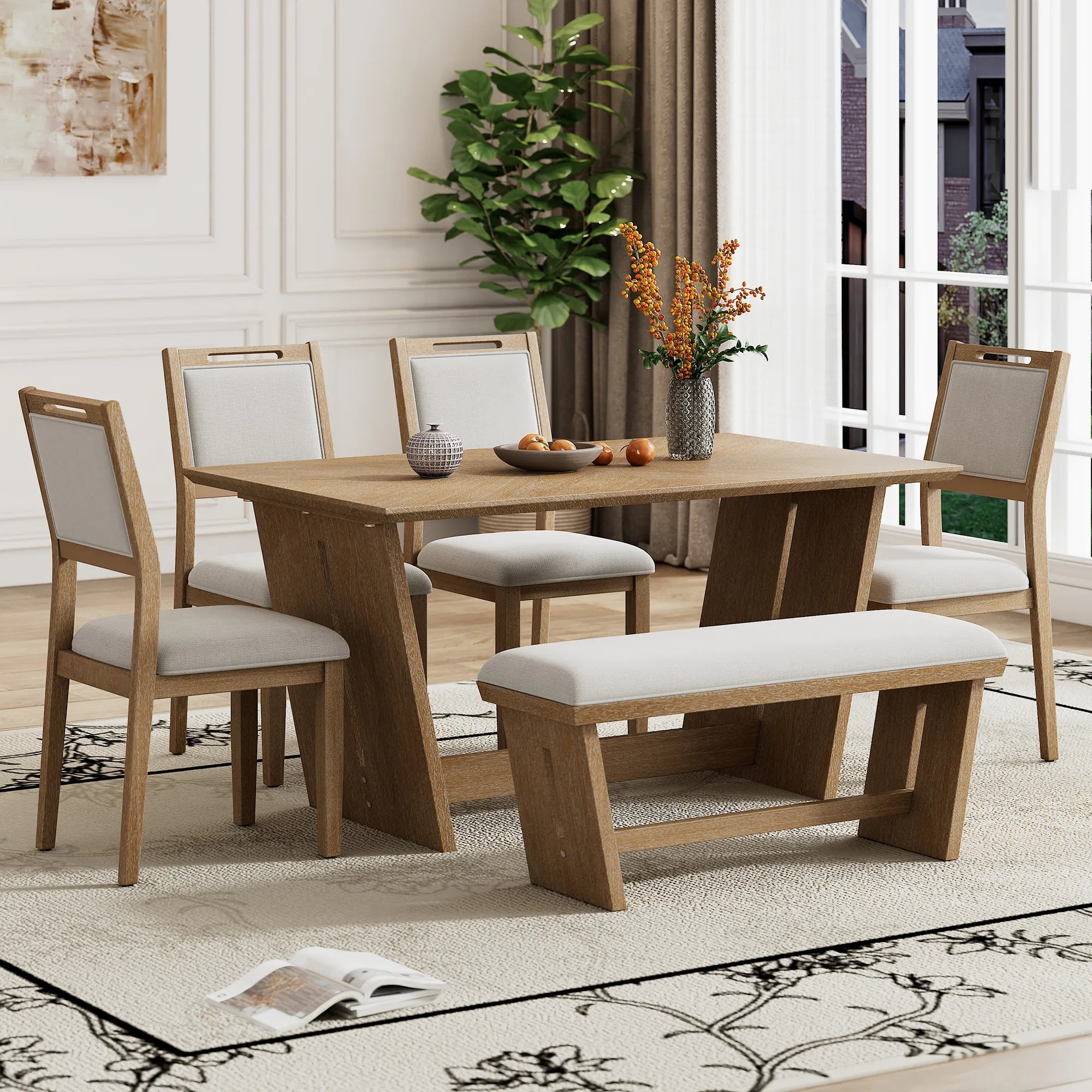 6 Piece Solid Wood Retro Rectangular Dining Table Set with 4 Upholstered Chairs & 1 Bench