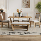 6 Piece Solid Wood Retro Rectangular Dining Table Set with 4 Upholstered Chairs & 1 Bench