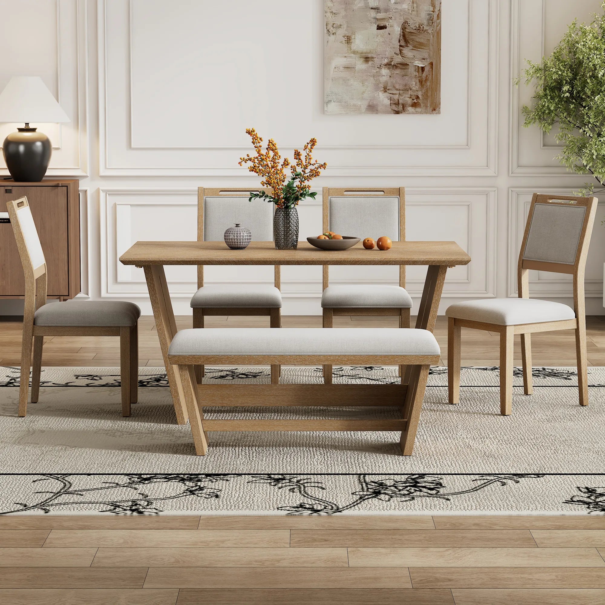 6 Piece Solid Wood Retro Rectangular Dining Table Set with 4 Upholstered Chairs & 1 Bench