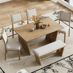 6 Piece Solid Wood Retro Rectangular Dining Table Set with 4 Upholstered Chairs & 1 Bench