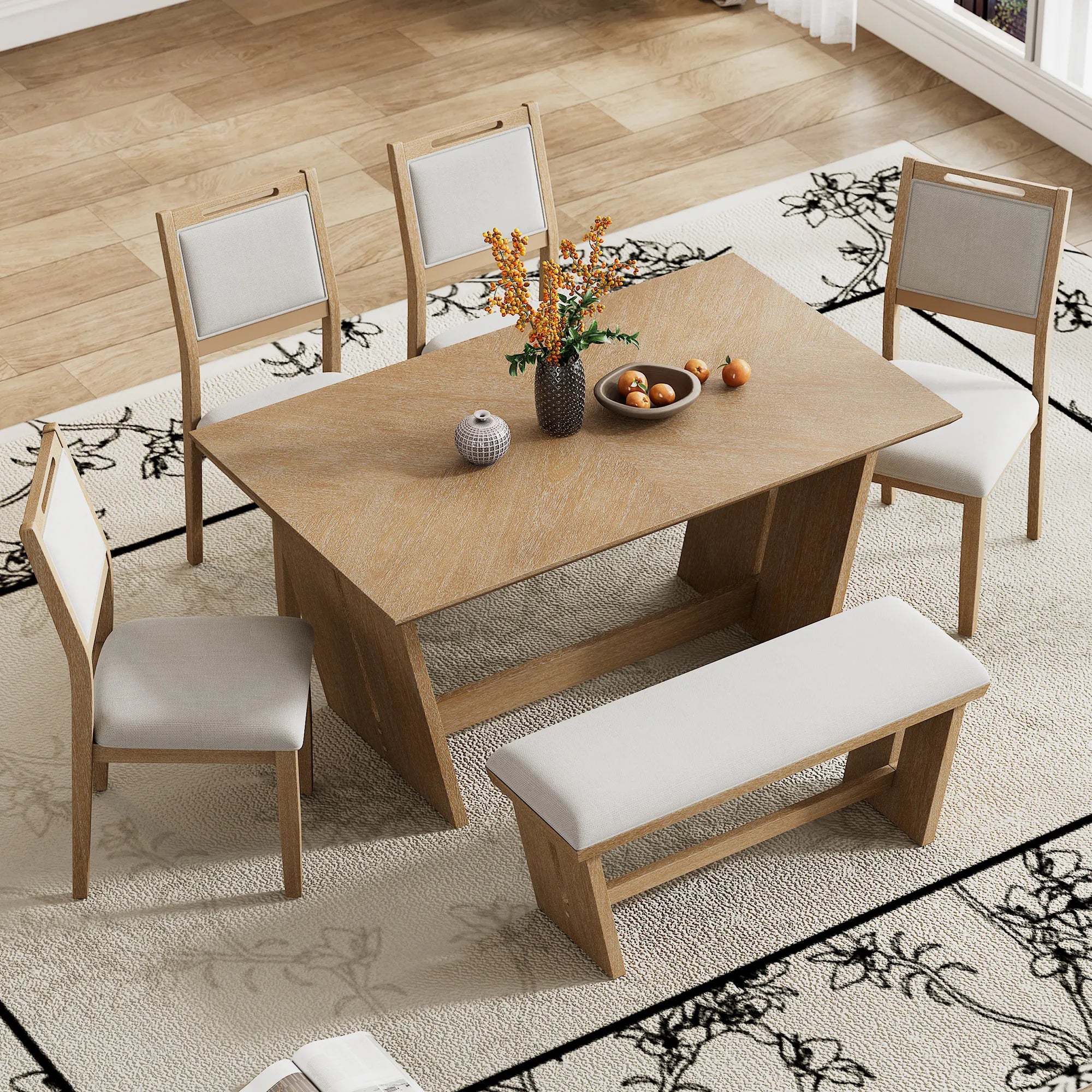 6 Piece Solid Wood Retro Rectangular Dining Table Set with 4 Upholstered Chairs & 1 Bench