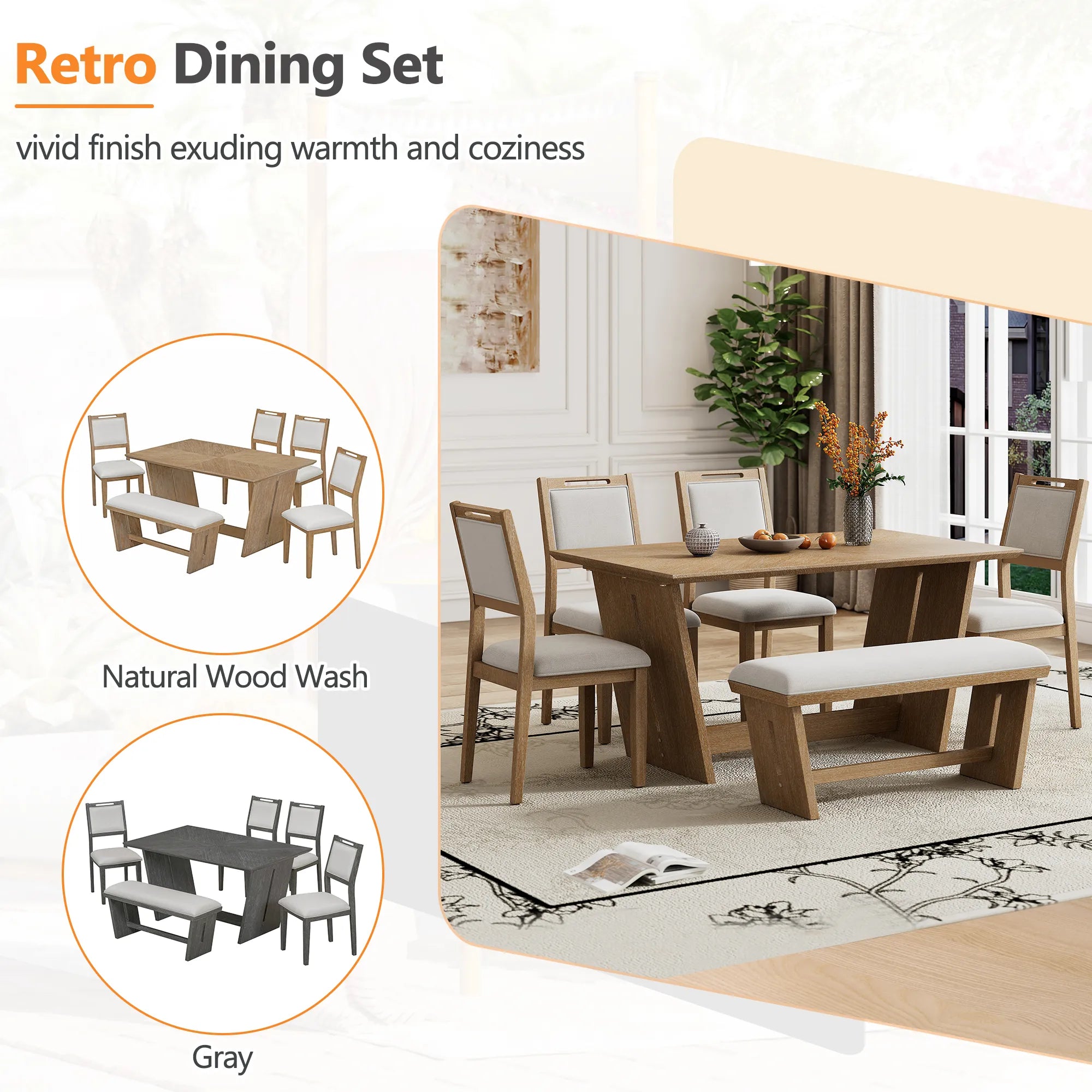 6 Piece Solid Wood Retro Rectangular Dining Table Set with 4 Upholstered Chairs & 1 Bench