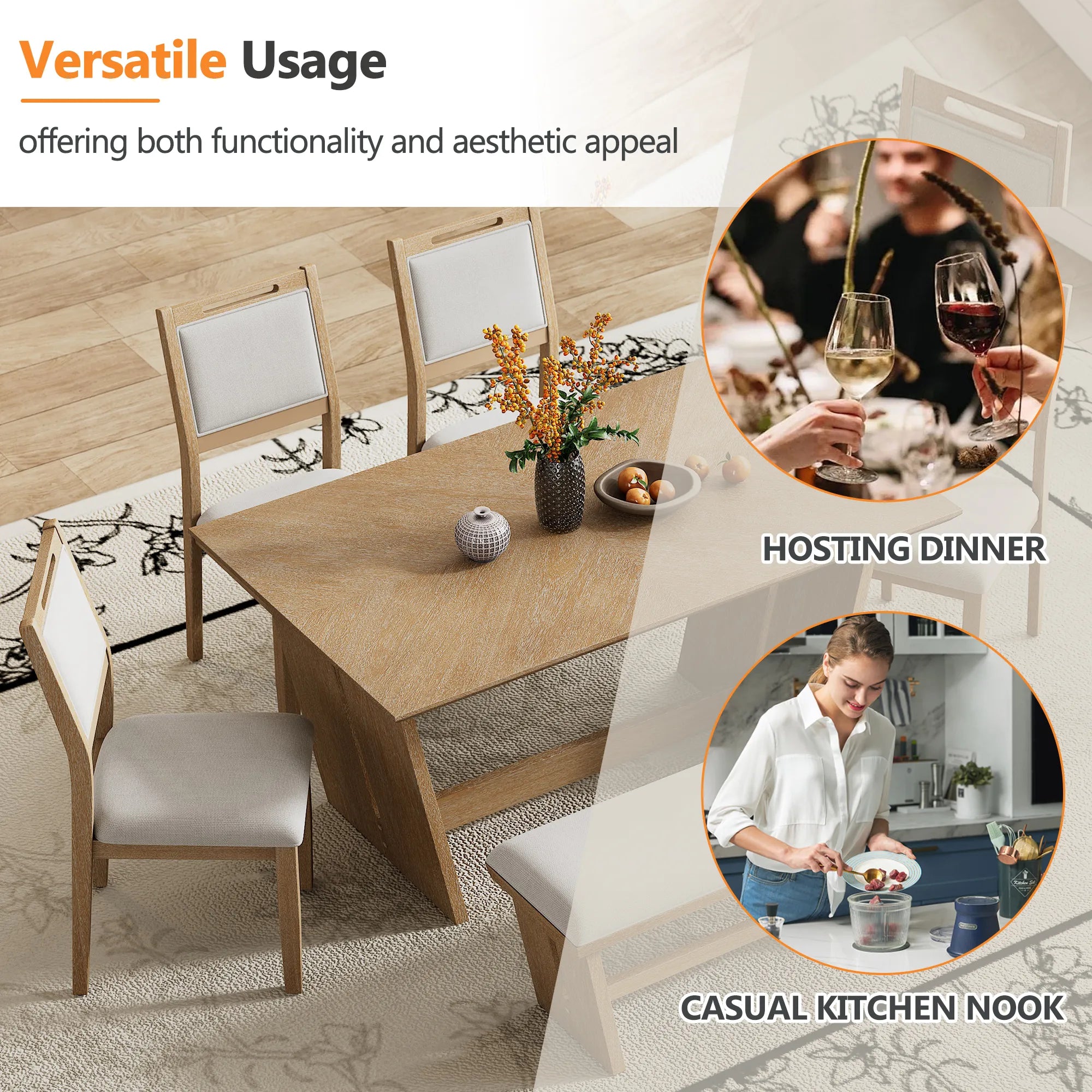 6 Piece Solid Wood Retro Rectangular Dining Table Set with 4 Upholstered Chairs & 1 Bench